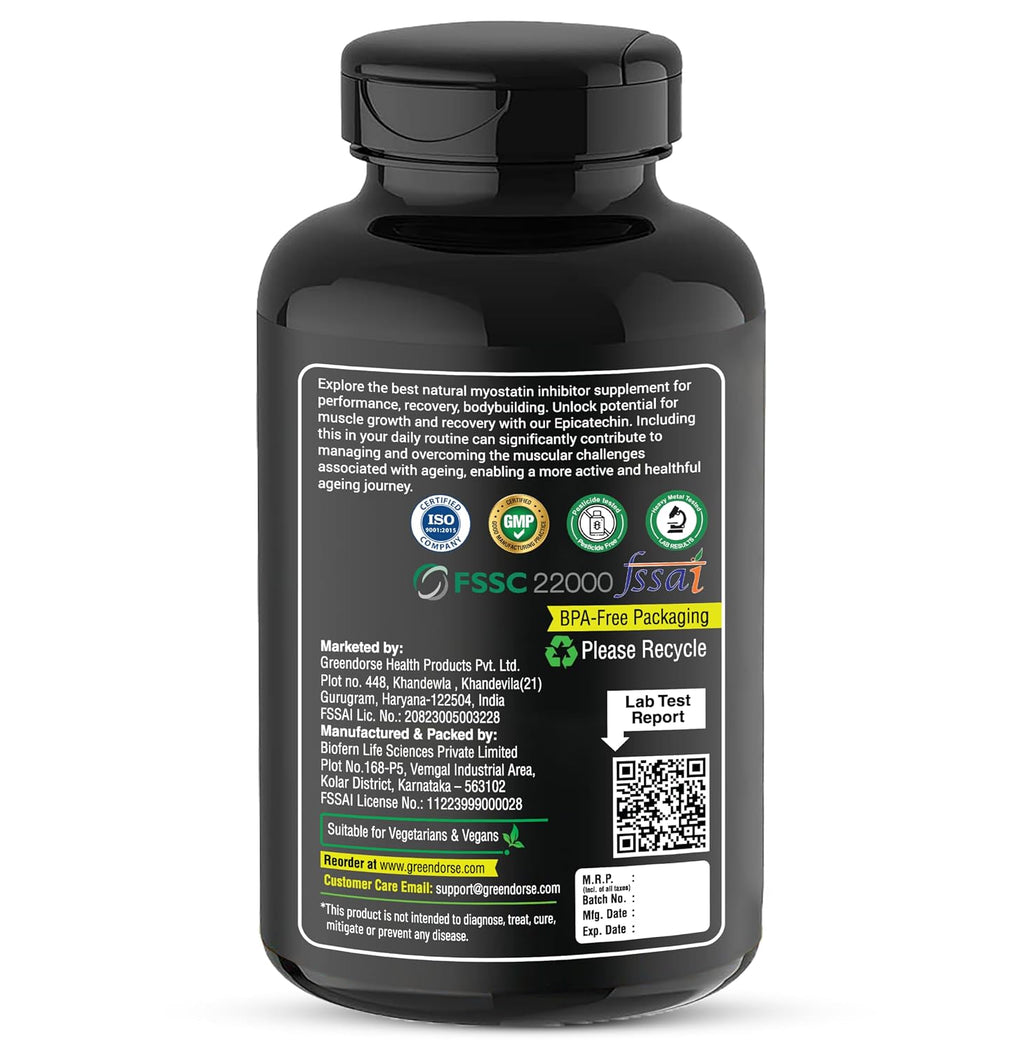 GREENDORSE EPICATECHIN- 99% Purity Workout Capsules | Lean Muscle Growth, Myostatin Inhibitor, Nitric Oxide Booster, Improved blood flow & cognitive functions | Lab tested- 60 Veg capsules