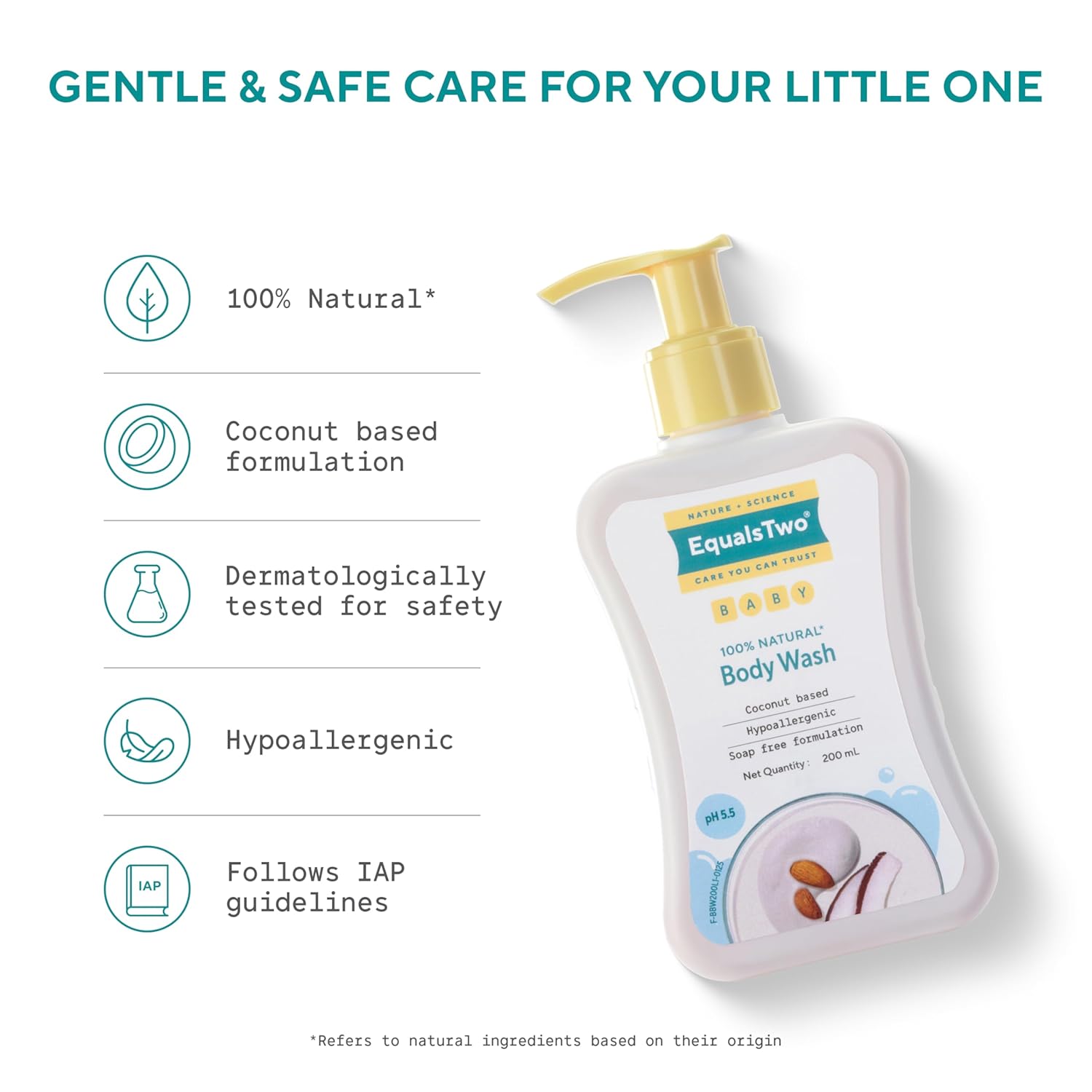 EQUALSTWO by Zydus Baby Body Wash 200ml, Tear-free & Soap-free, Head to Toe Baby Wash for Bath, Hypoallergenic & Dermatologically Tested, pH 5.5, Gentle Hydration for All Skin Types, (Pack 1)