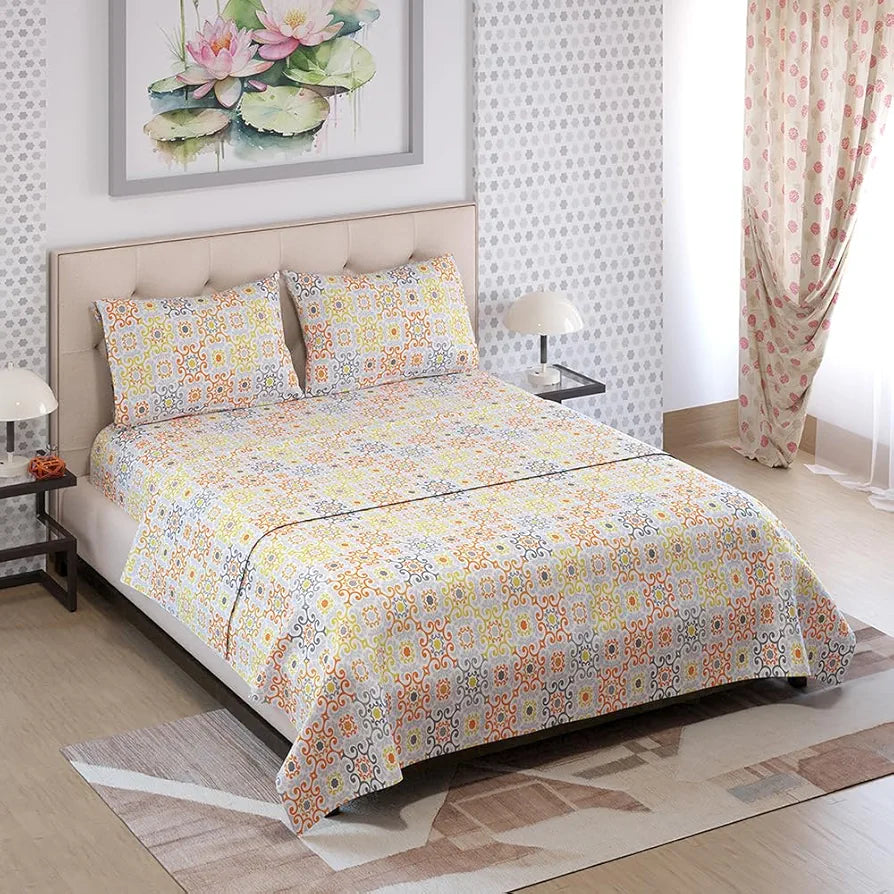 Layers Zen Cotton Blend King Bedsheet Set 1 King Cotton Bedsheet & 2 Pillow Covers Breathable & Anti-Wrinkle 225 CVC Orange