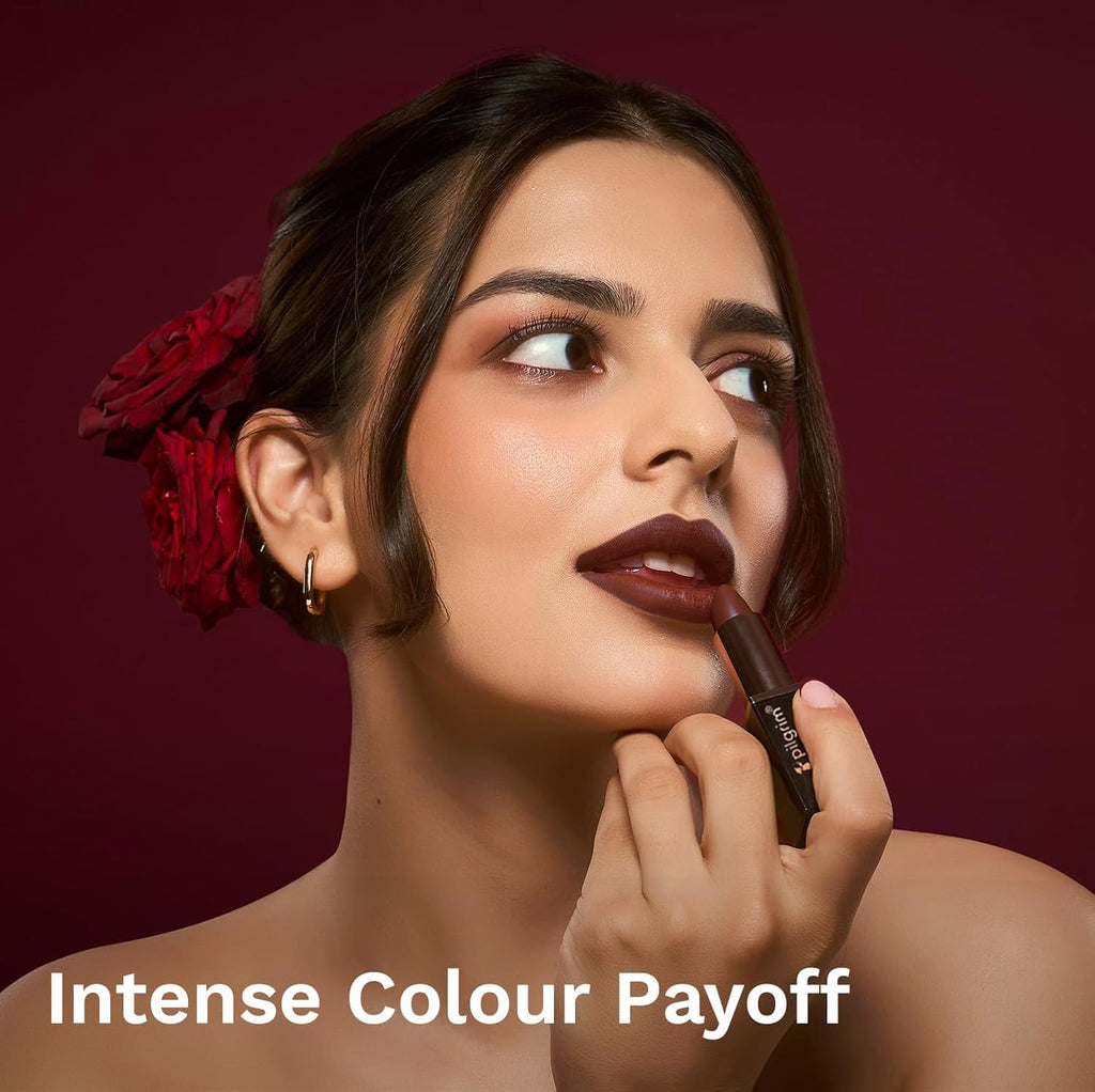 Pilgrim Matte Me Up Bullet Lipstick 4.2g | Creamy, Lightweight, Bold, Non Drying | SPF 30 | Enriched With Hyaluronic Acid & Spanish Squalane | Lipstick for dusky skin tone | Chocolate Tease -32
