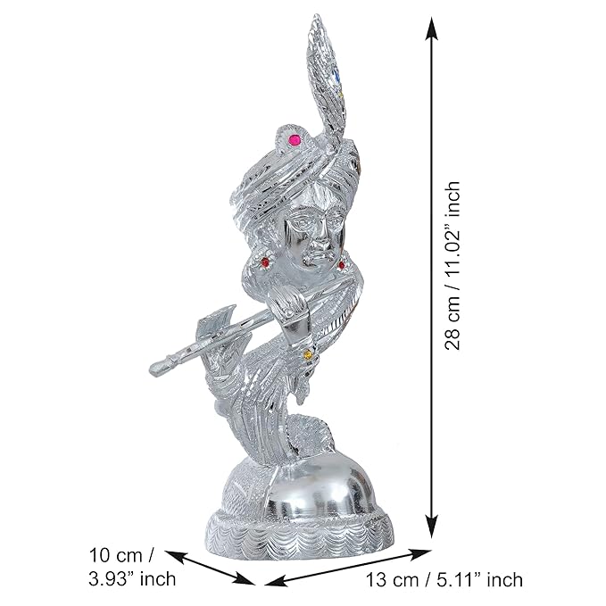 Ecraftindia Silver Metal Handcrafted Lord Krishna Playing Flute Statue | Decorative Showpiece