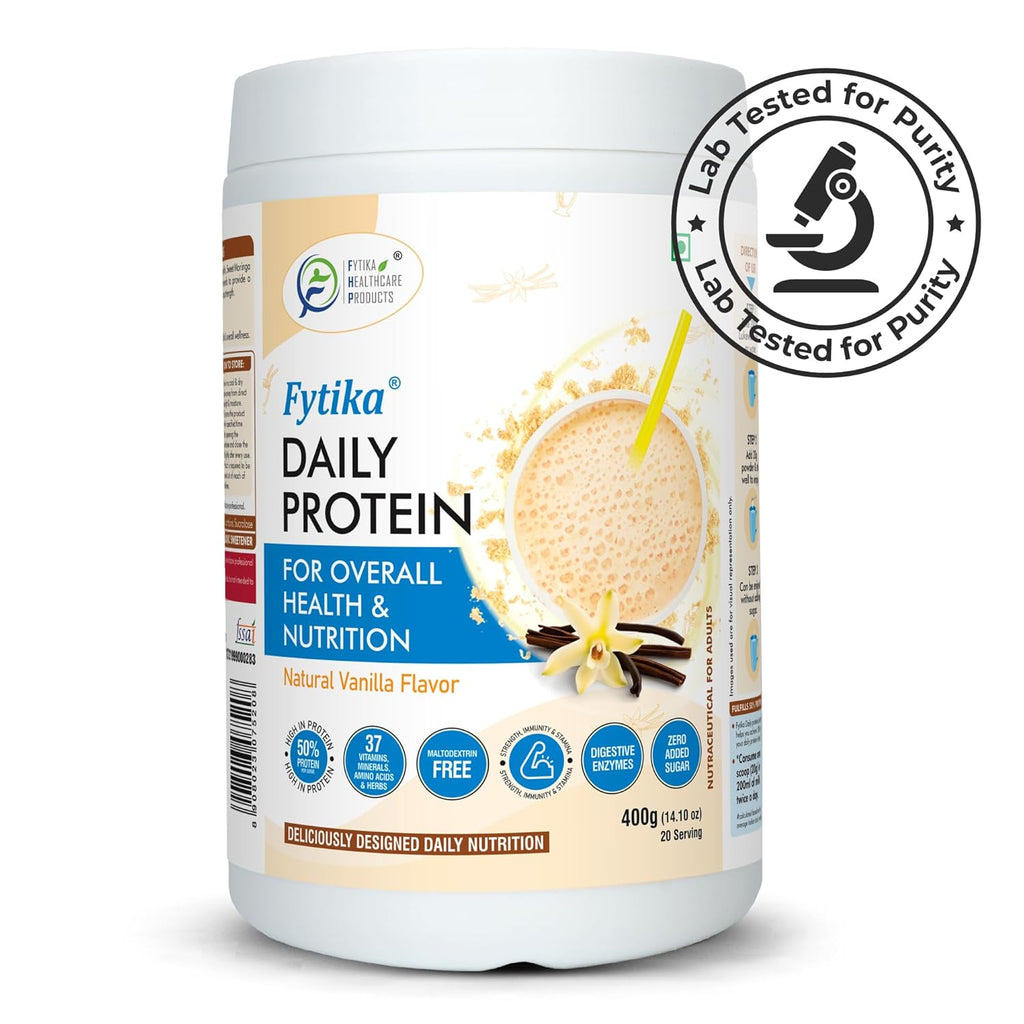 Fytika Daily Protein-400g (Pack of 1, Vanila) | Complete Nutrition Drink for Adults with 37 Essential Vitamins & Minerals | 50% Protein Per Serve | High Protein Drink for Men & Women