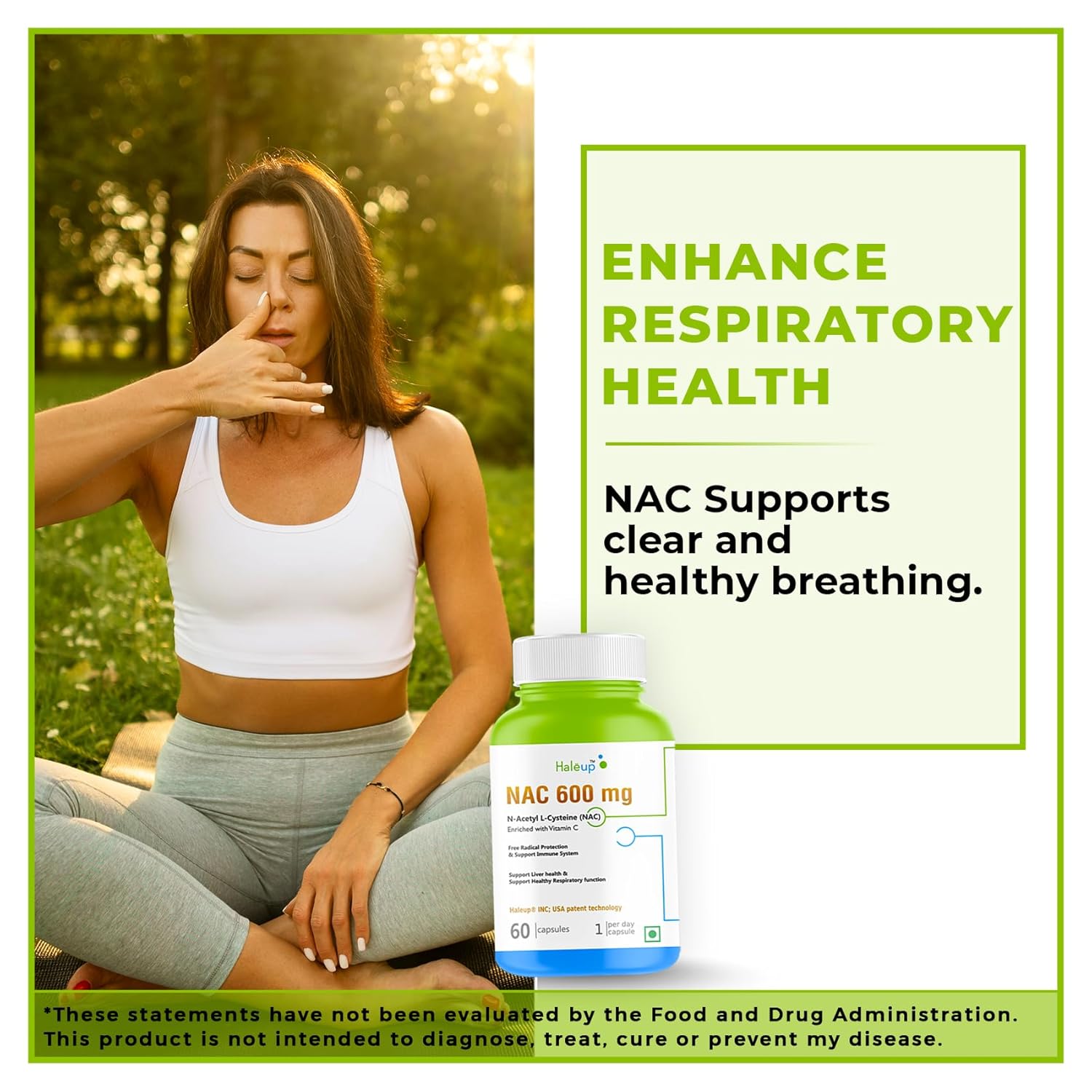 Haleup NAC 99% (N-Acetyl Cysteine) 600 mg, Haleup INC USA, 60 capsules, enriched with Vitamin C for Glutathione Production, Respiratory Health, Liver Detox, Antioxidant Support