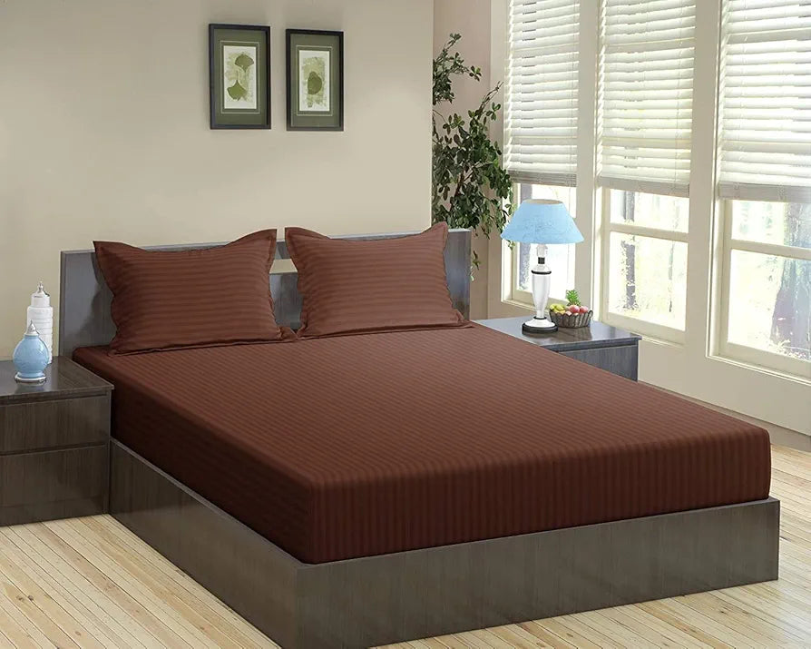 Trance Home Linen 100% Cotton 78x66 inch 200TC Satin Stripe Elastic Fitted Bedsheet Double Bed Fitted Bedspread with 2 Pillow Covers Colour Chocolate Brown