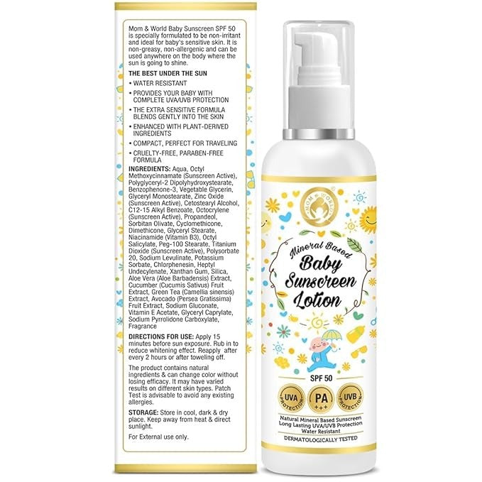 Mom & World Mineral Based Baby Sunscreen Lotion Spf 50 Pa+++ - 120 ml (Pack of 2)