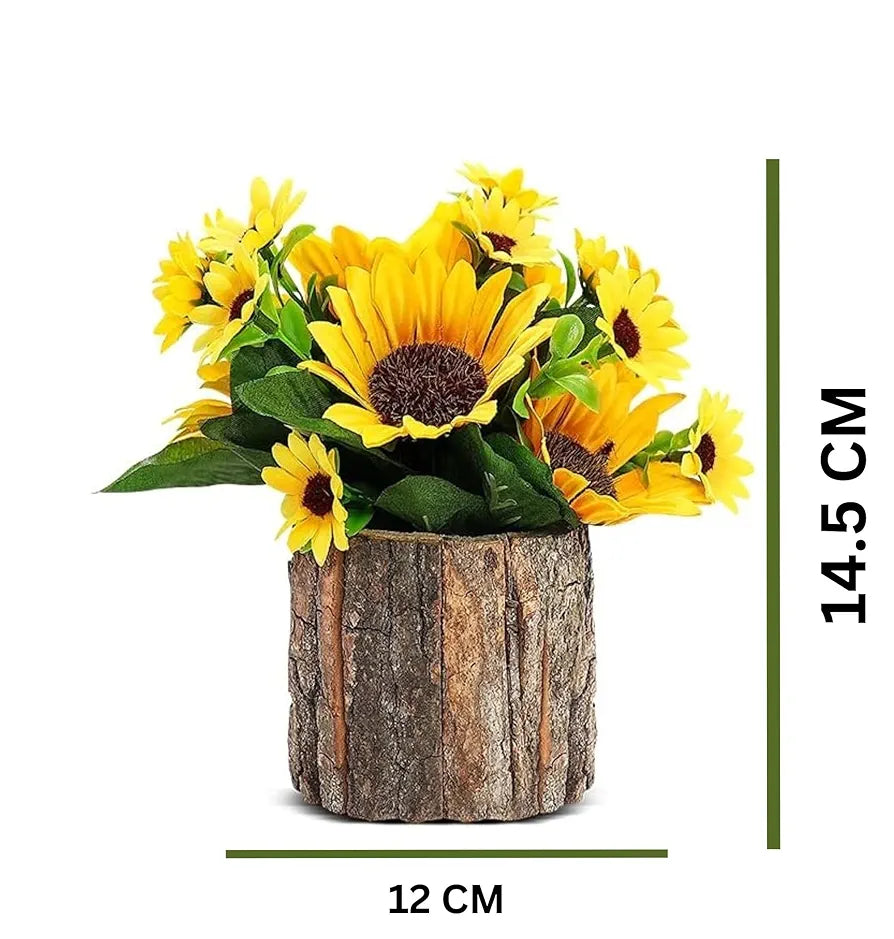 Wood Artificial Flowers Fake Flowers/Mini Potted Artificial Plants with Bark Pot Small Indoor Yellow