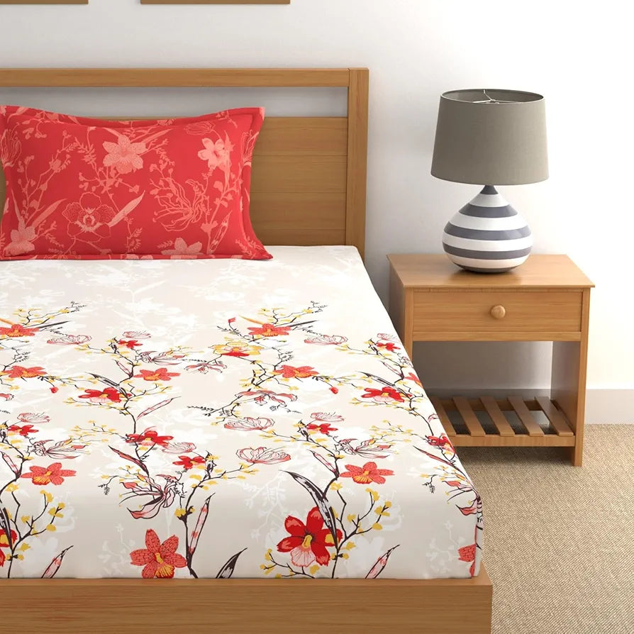 Dreamscape Cotton Single Bedsheet with 1 Pillow Cover 140 TC Colour Tomato Park