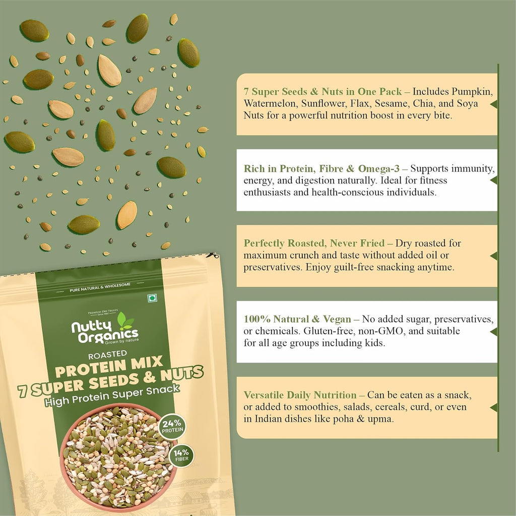 Nutty Organics 7-in-1 Seeds & Nuts Mix| Omega-Rich Superfood | Roasted Pumpkin, Sunflower, Watermelon, Flax, Sesame, Chia & Soya | Healthy Snack | Vegan & Gluten-Free