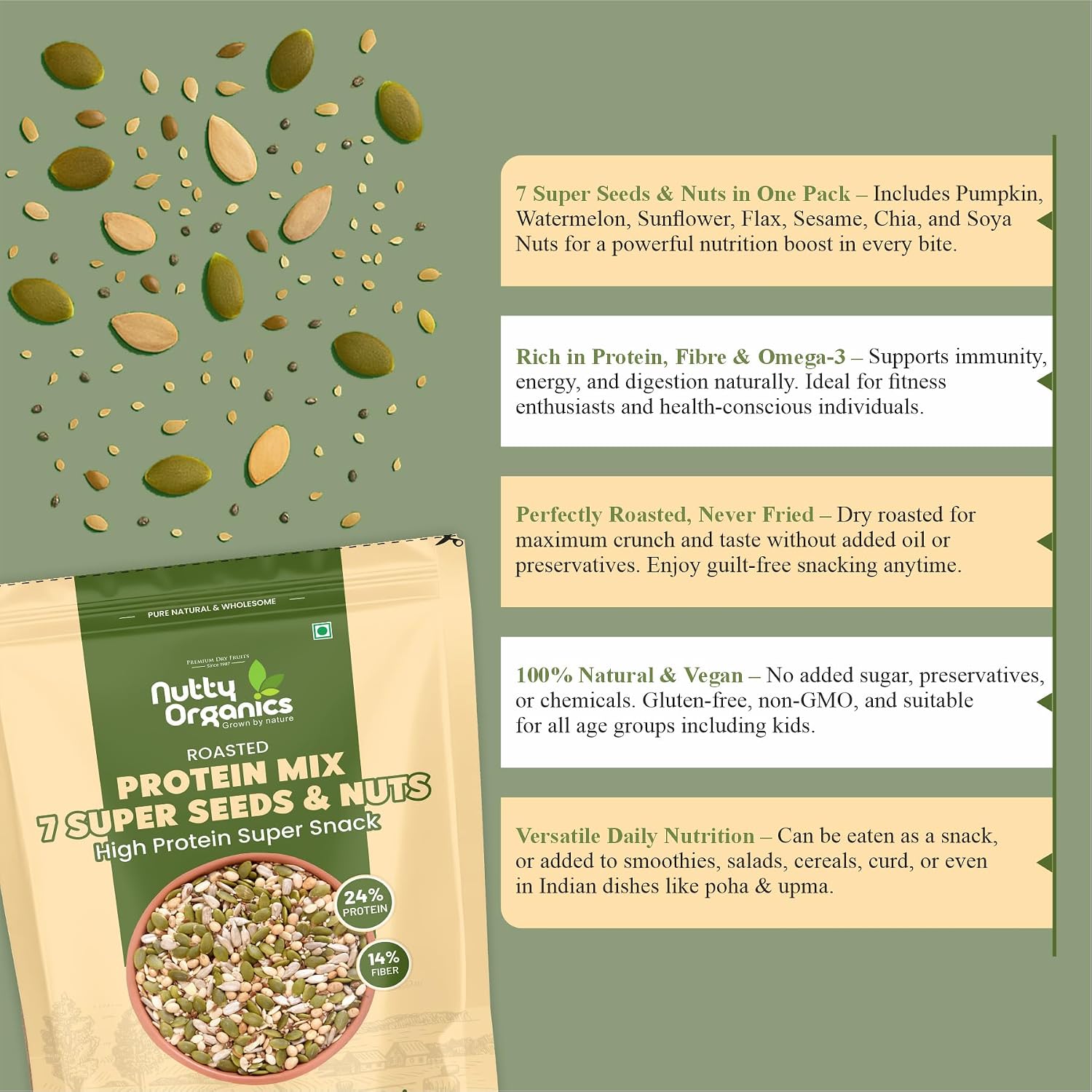 Nutty Organics 7-in-1 Seeds & Nuts Mix| Omega-Rich Superfood | Roasted Pumpkin, Sunflower, Watermelon, Flax, Sesame, Chia & Soya | Healthy Snack | Vegan & Gluten-Free