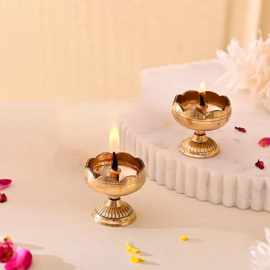 Craftvatika Brass Lotus Diya for Puja Set of 2 Lotus Flower Diya