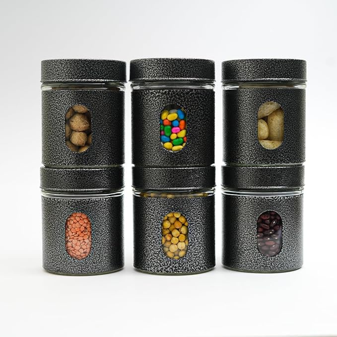 Femora Carbon Steel Jar for Kitchen Storage With Clear Glass Window and Carbon Steel Lid | 300 Ml | Set of 3 | of Lids | Black