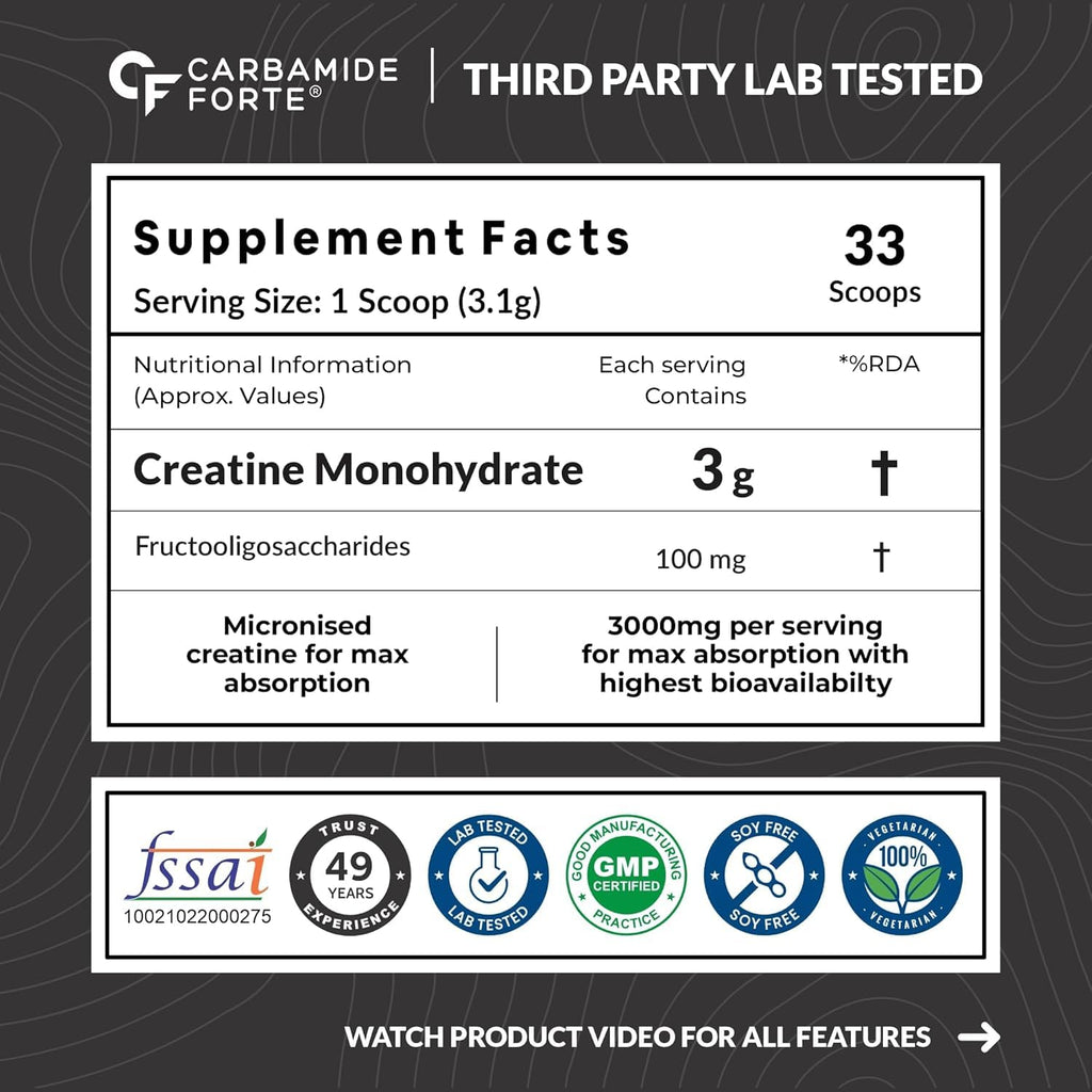 Carbamide Forte Creatine Mono hydrate Powder | Micronized Monohydrate Creatine 103g | Micronized Monohydrate Supplement for Lean Muscle, Strength & Energy - Unflavoured - 33 Servings - 103g