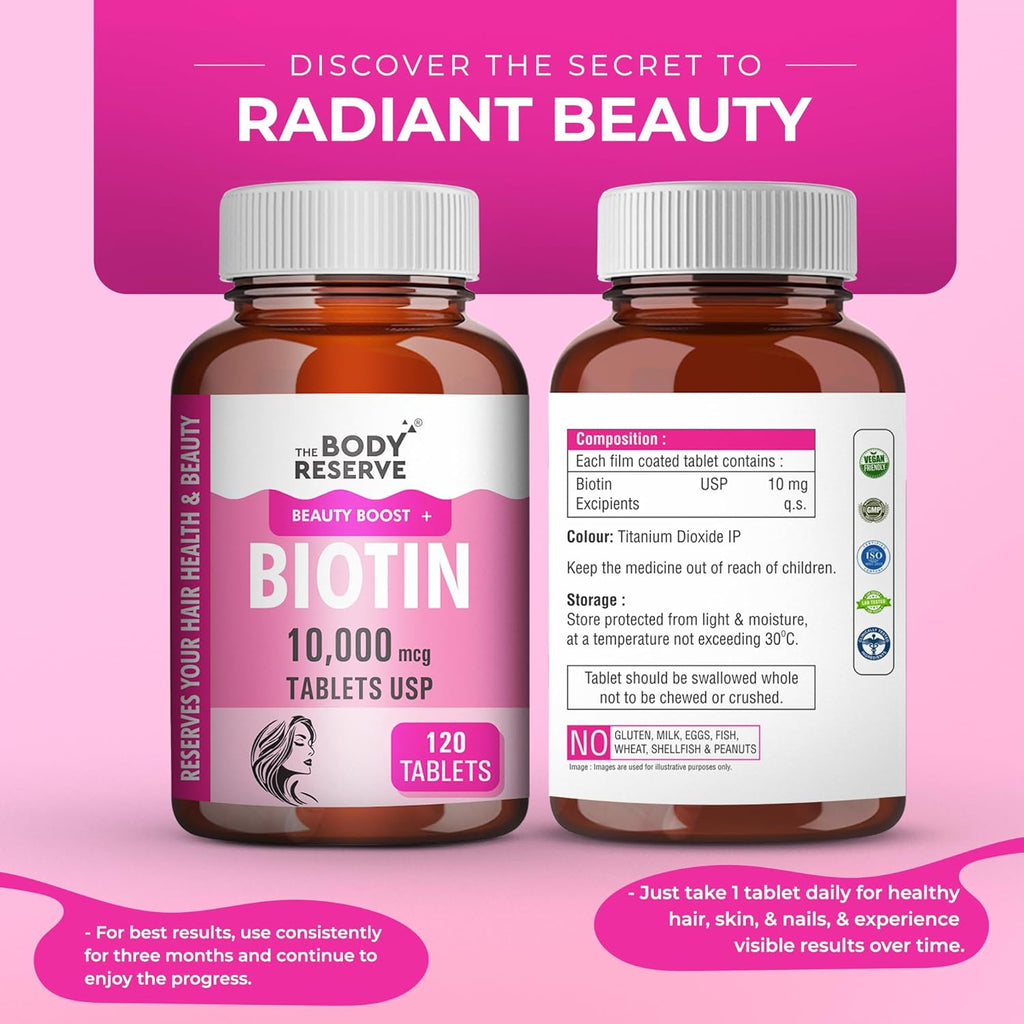 The Body Reserve Biotin 10000mcg 120 Veg Tabs, Biotin Tablets For Hair, Skin & Nails, Hair Vitamins biotin Supplement For Men & Women 4 Monthâ€™s Supply Pack