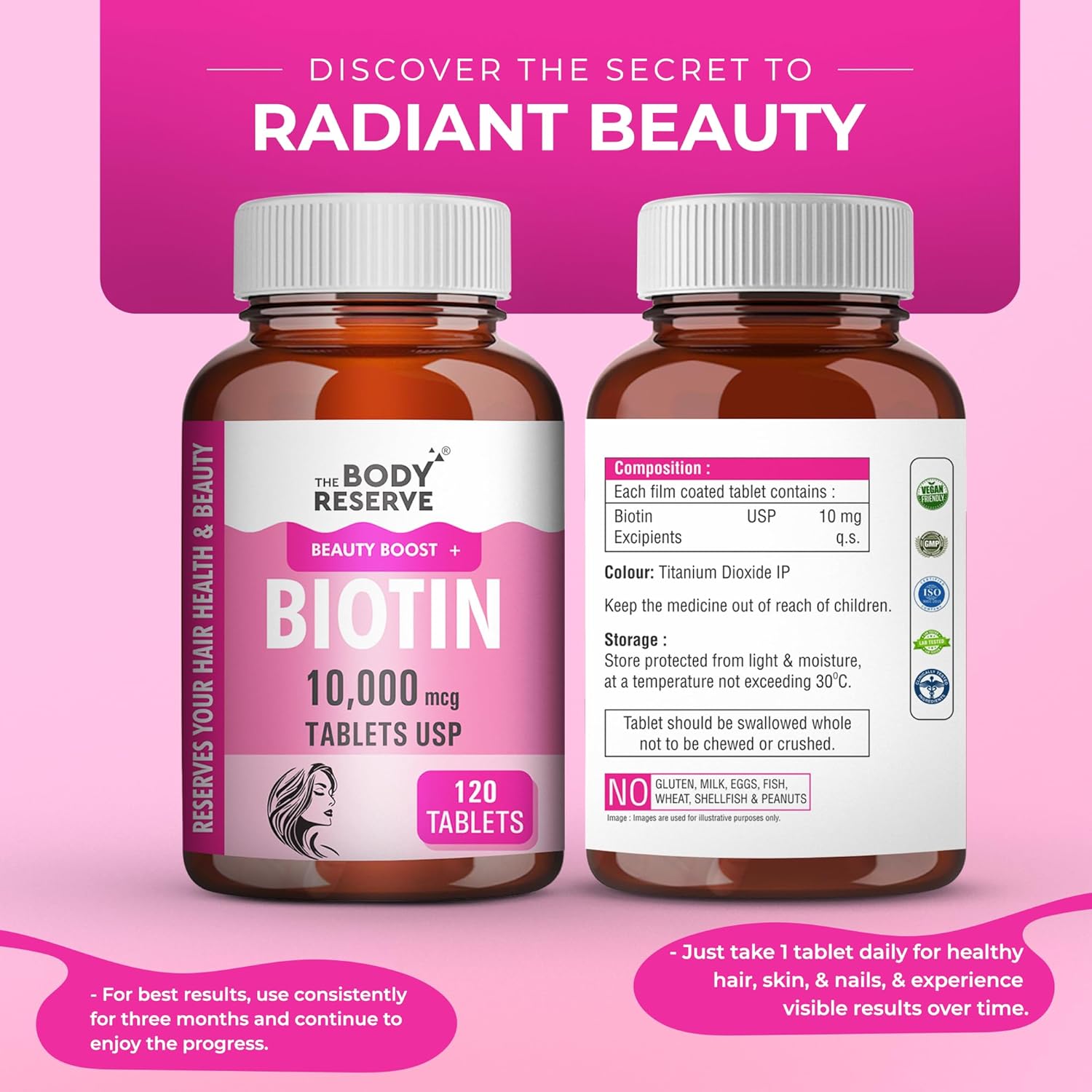 The Body Reserve Biotin 10000mcg 120 Veg Tabs, Biotin Tablets For Hair, Skin & Nails, Hair Vitamins biotin Supplement For Men & Women 4 Monthâ€™s Supply Pack