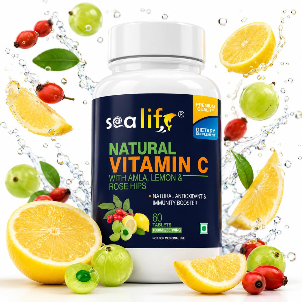 Sea Life Natural Vitamin C 1000 mg (60 Veg Tablets) sourced from 100% Natural Amla, Lemon & Rose Hips Extracts | Promotes Glowing Skin | Immunity Booster & Antioxidant | _Parent (Pack of-1)