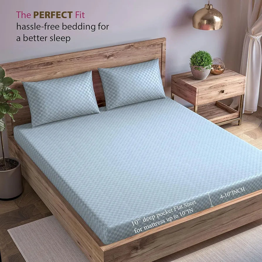 Trance Home Linen Premium 300TC 100% Cotton Jacquard Weave Fitted Bedsheet for King Size Bed with 2 Pillow Cover Skin Friendly Colour Slate Blue
