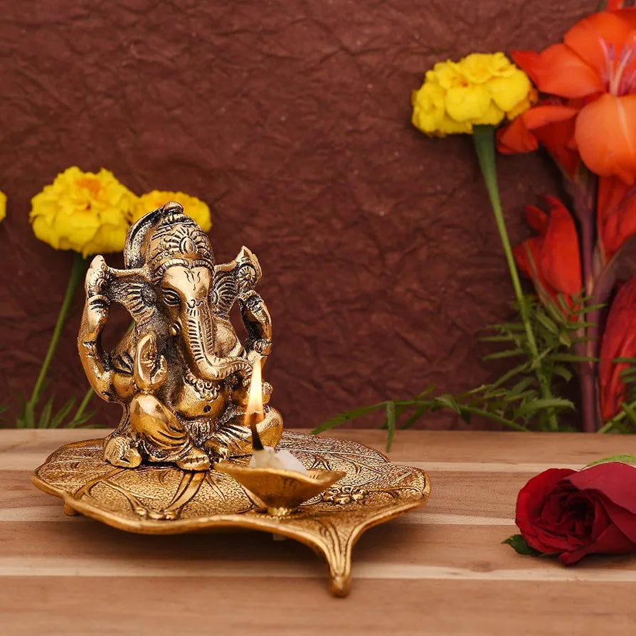 Collectible India Aluminium Ganesh with Diya Idol Medium Gold