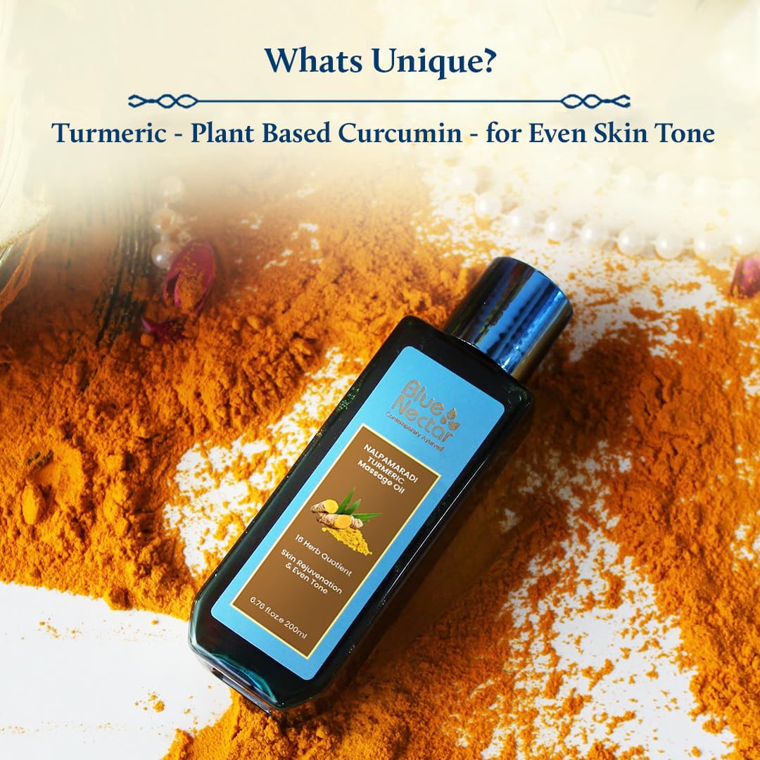 Blue Nectar Nalpamaradi Thailam Skin Brightening Treatment Oil | Plant Based Body Oil and Face Oil for Glowing Skin Infused with Turmeric, Amla and Manjistha (16herbs, 100ml)
