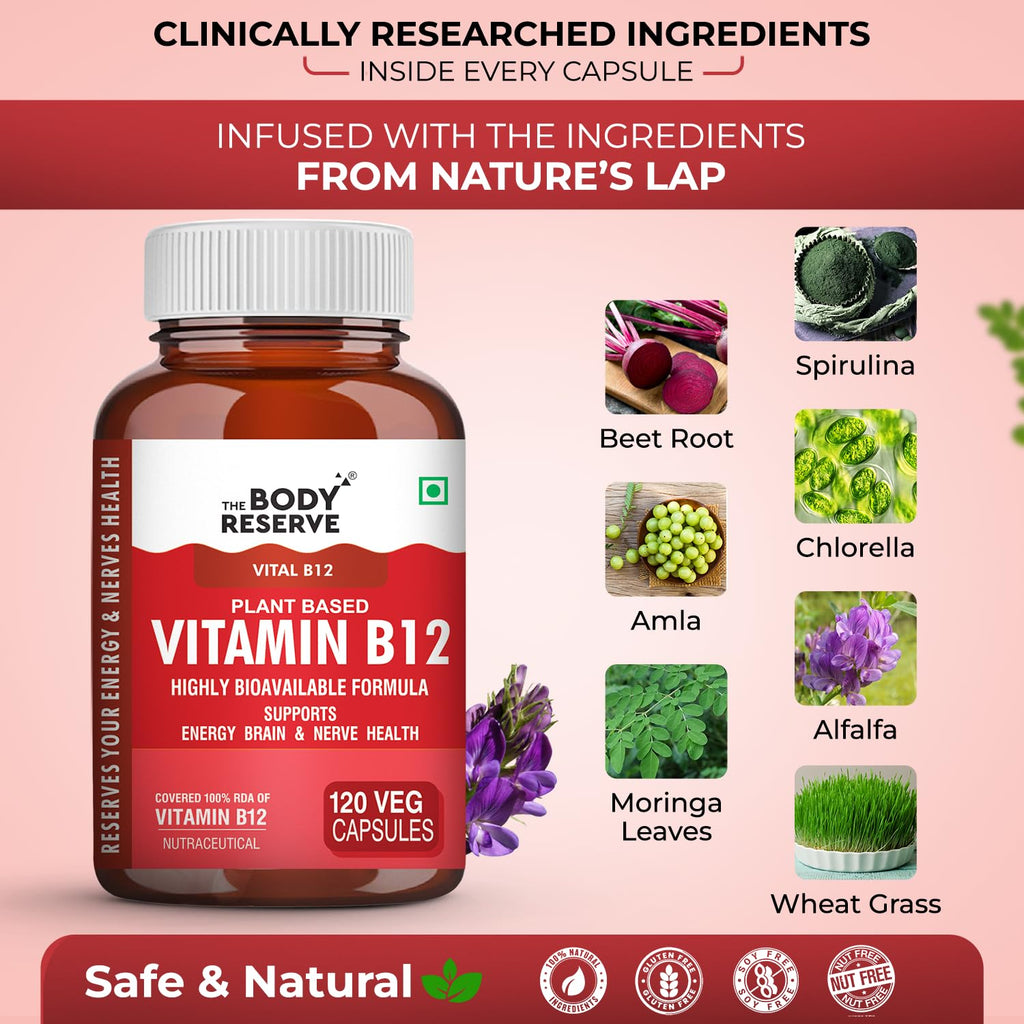 The Body Reserve Plant Based Vitamin B12 Supplement For Men & Women 120 Capsules Organic Vitamin B12 For Nerve And Brain Health Vegan Capsules