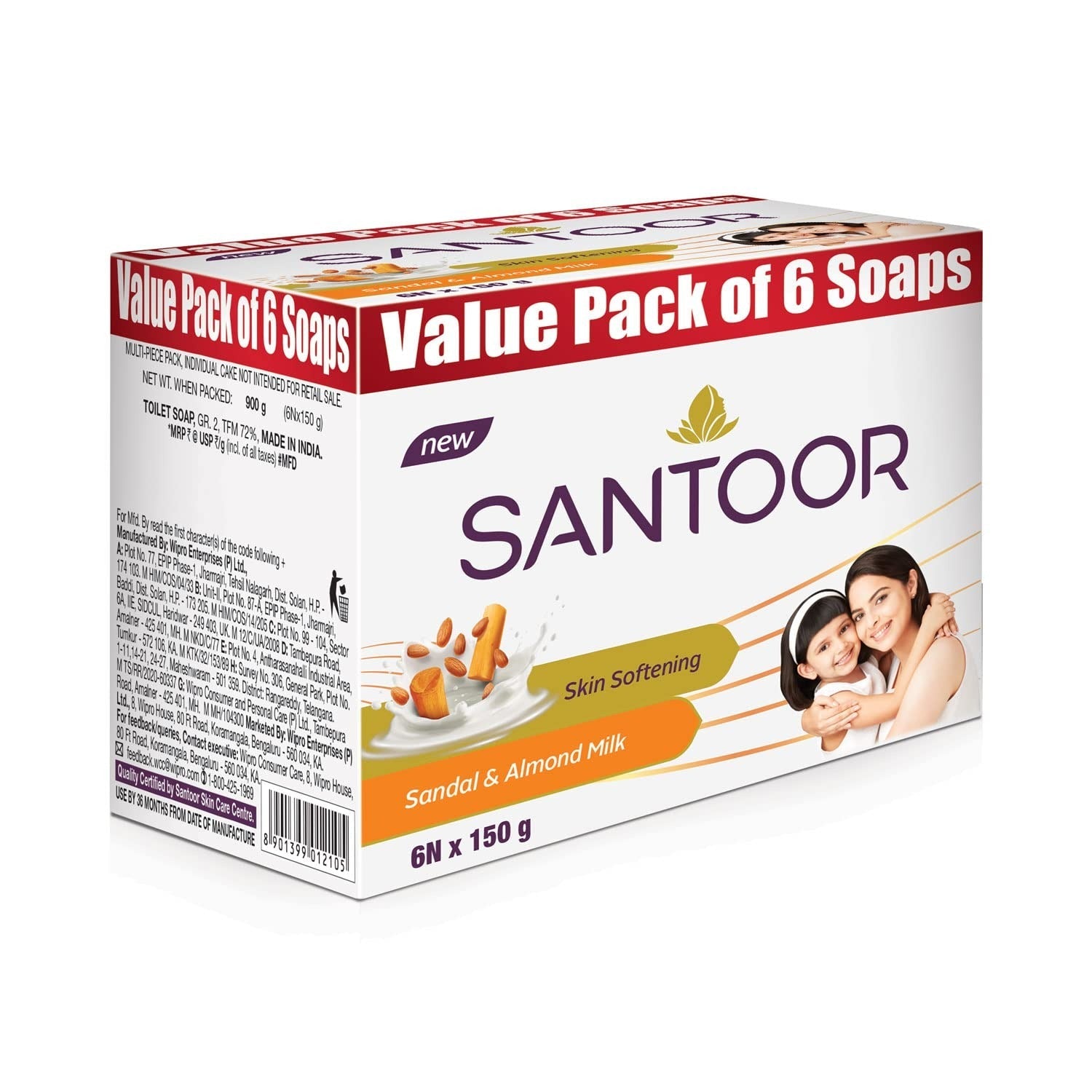 Santoor Skin Softening Sandal & Almond Milk Bathing Soap - 150 gms (Pack of 6)