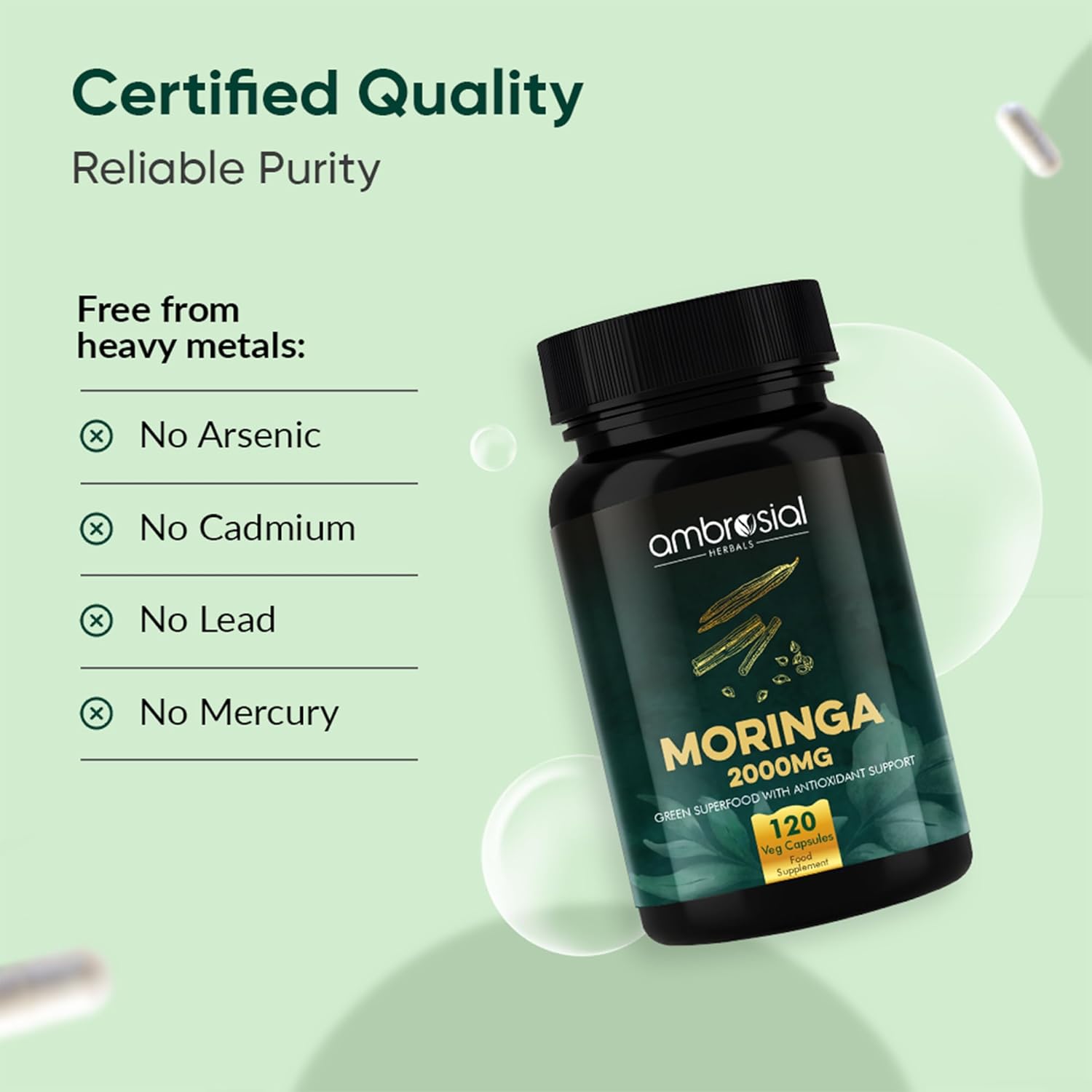 Ambrosial Moringa Capsules 2000mg | Moringa Leaf Extract | Plant-Based Herbal Supplement | Natural Wellness Support | 120 Vegan Capsules