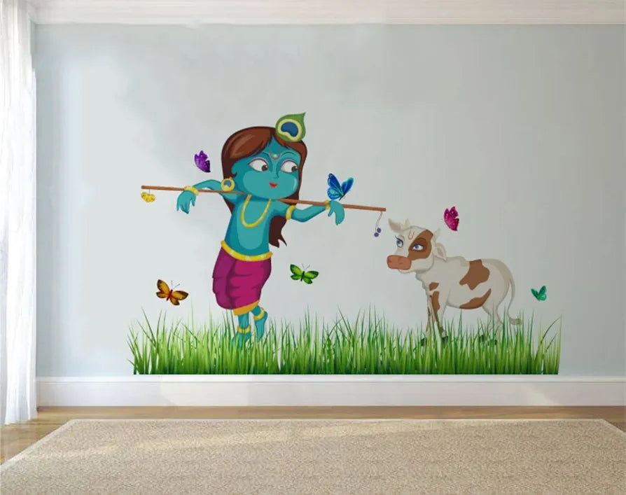 Rawpockets Decals Lord Krishna Cow Grass Butterfly Story Extra Large Size  Wall Sticker