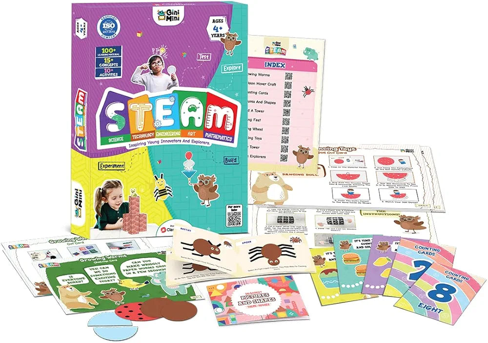 GiniMini STEAM Kit - 15+ Concepts, 10+ Activities, 100+ Materials - Science, Technology, Engineering, Art, Math Learning for Kids 4 5 6 Years
