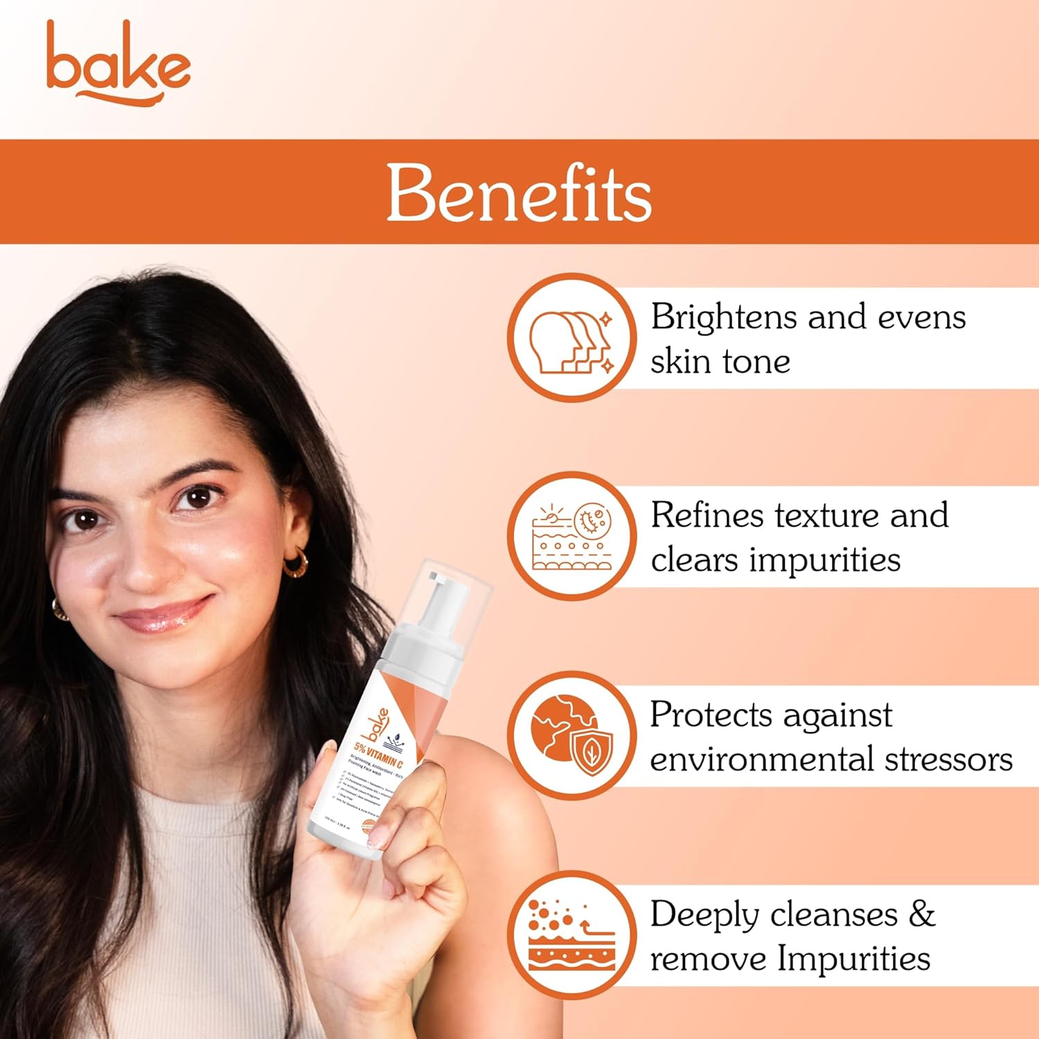 BAKE 5% Vitamin C Foaming Face Wash with Niacinamide | Brightening Face Wash for Pigmentation, Dark Spots & Uneven Skin Tone | Antioxidant Rich Cleanser for Dull, Normal to Oily Skin â€“ 100ml
