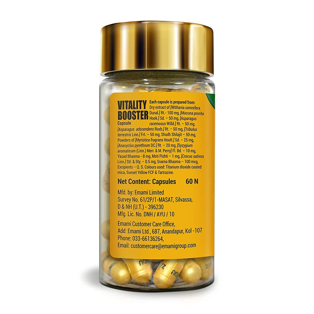 Zandu Vitality Booster Capsule, With Goodness of Ashwagandha, Safed Musli, Gokshur, Shuddha Shjilajit, Helps to Boost Energy and Strength - Pack of 60 Veg Capsules