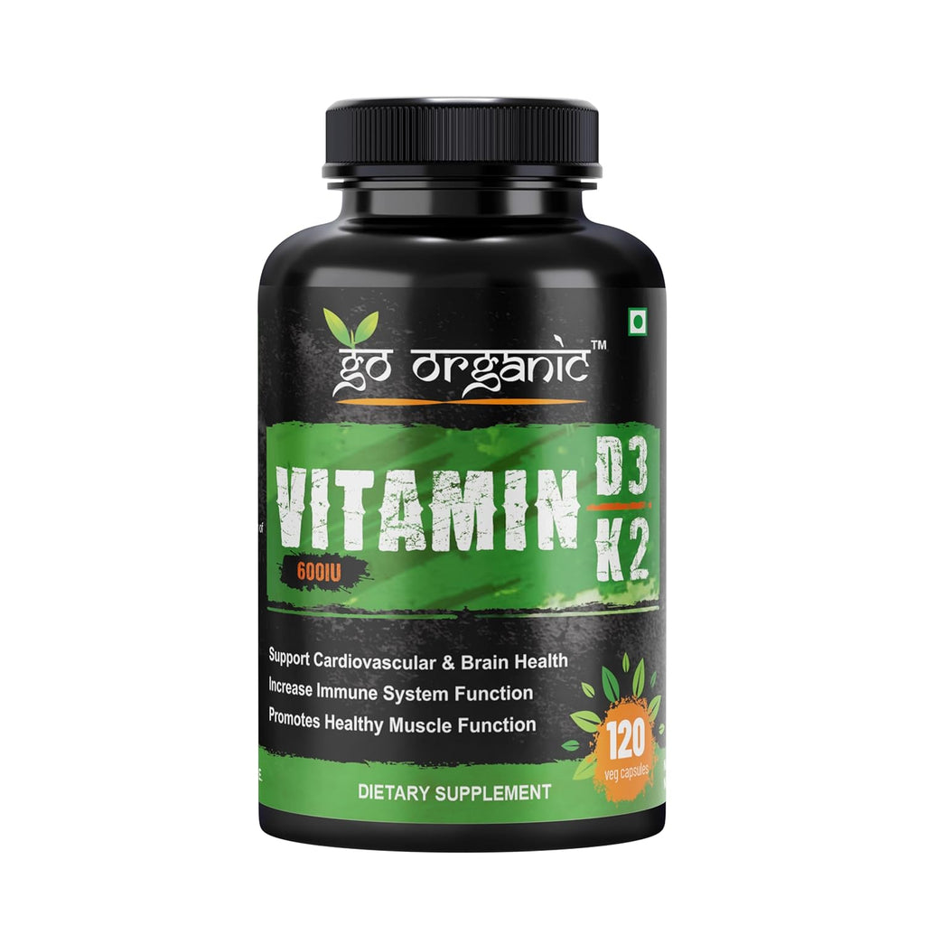 Go Organic Plant based organic Vitamin D3 Vitamin D3 + K2 Capsules, Vitamin K2-7 to Support Bone & Heart Health in Men & Women – 120 Capsules,Plant-Based Vitamin D3K2
