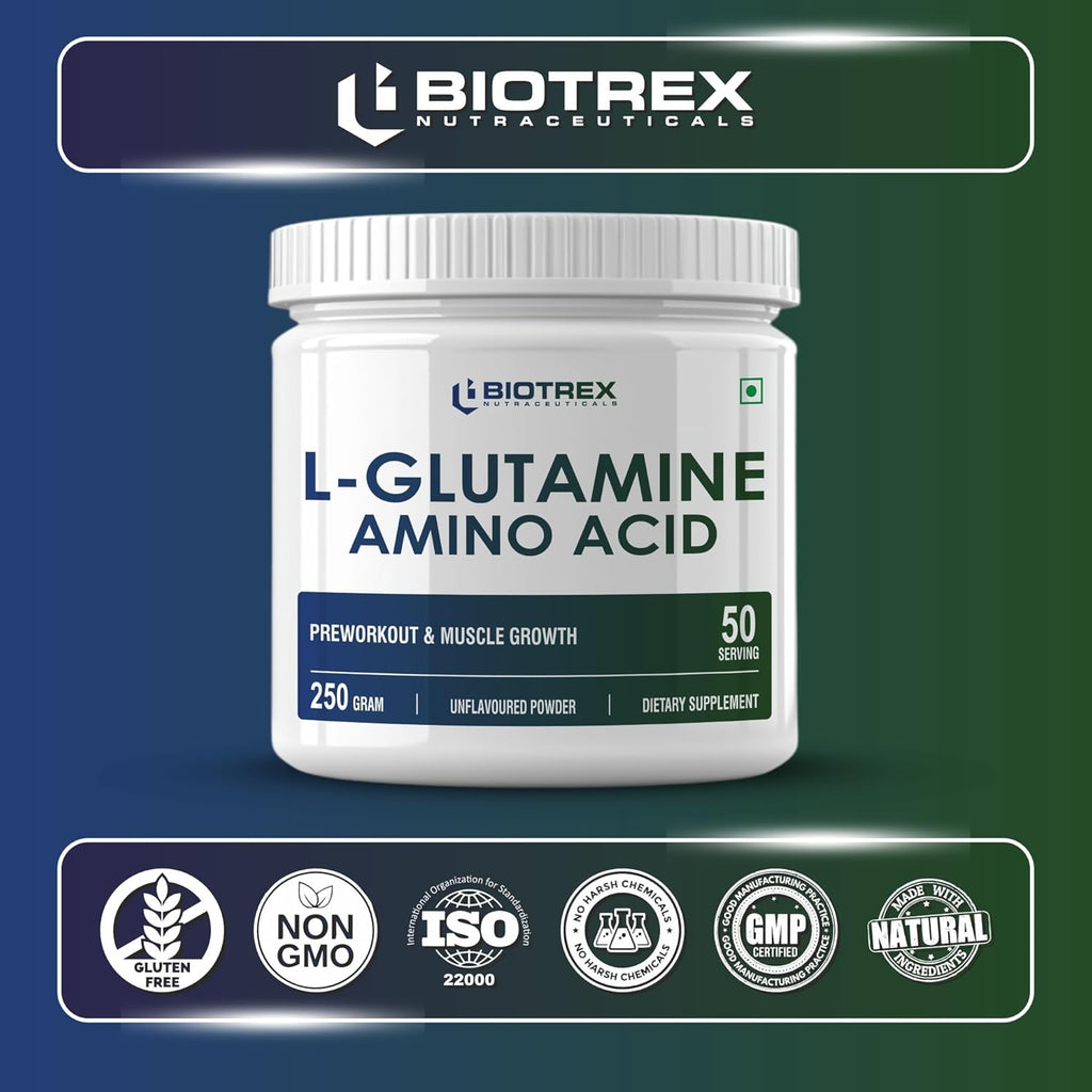 Biotrex Nutraceuticals L Glutamine Amino Acid Powder 5000mg Per Serving | Preworkout & Muscle Growth | Immune & Gut Health | Enhances Endurance | Unflavoured - 250Gram (50 Serving)