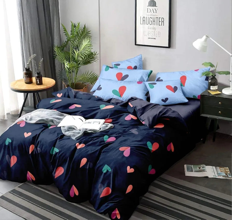 The Home Style 300 TC Cotton Feel Glace Cotton Printed Double Bed Bedsheet with 2 Pillow Cover Blue Heart
