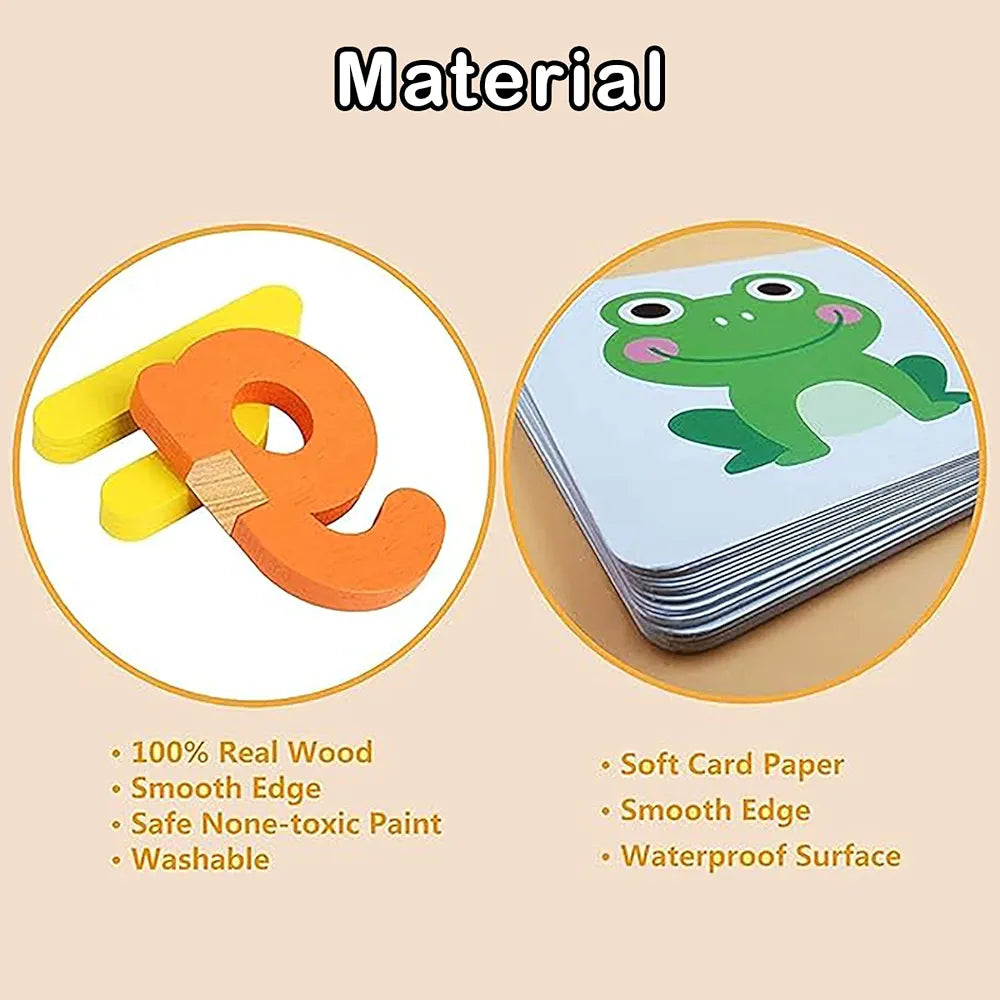 Wishkey Wooden Spelling Game for Kids, Early Education Word Making Game with Flash Cards and Alphabets, Non-Toxic, Educational Toy