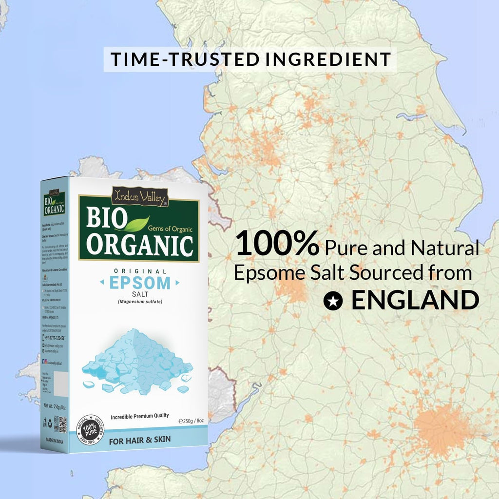 INDUS VALLEY Bio Organic 100% Natural Epsom Bath Salt Crystal And Bath | For Muscle Relief, Relieves Aches & Pain| 250g | Magnesium Sulfate for Relaxing Bath, Foot Soaks & Plant Care