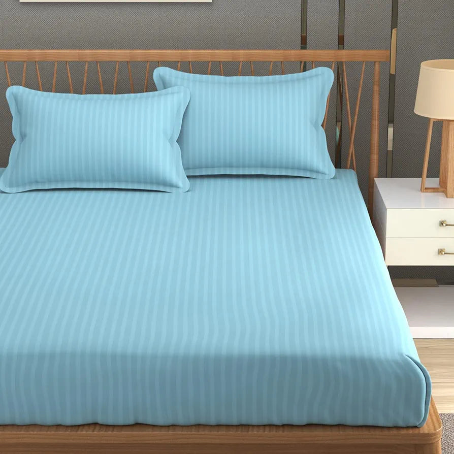 Homefab India 160 TC Stripe Glace Cotton Double BedSheet with 2 Pillow Covers Light Blue