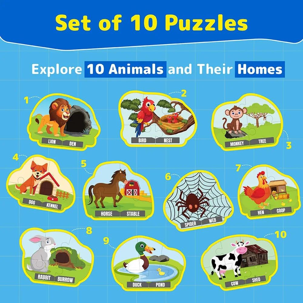 Funtad Kids Puzzleup Learn Animal Homes,10-In-1 Entry Level Puzzle 45 Big Size Jigsaw Pieces Montessori Educational Toy For Boys & Girls Age 3,4 & 5 Yrs