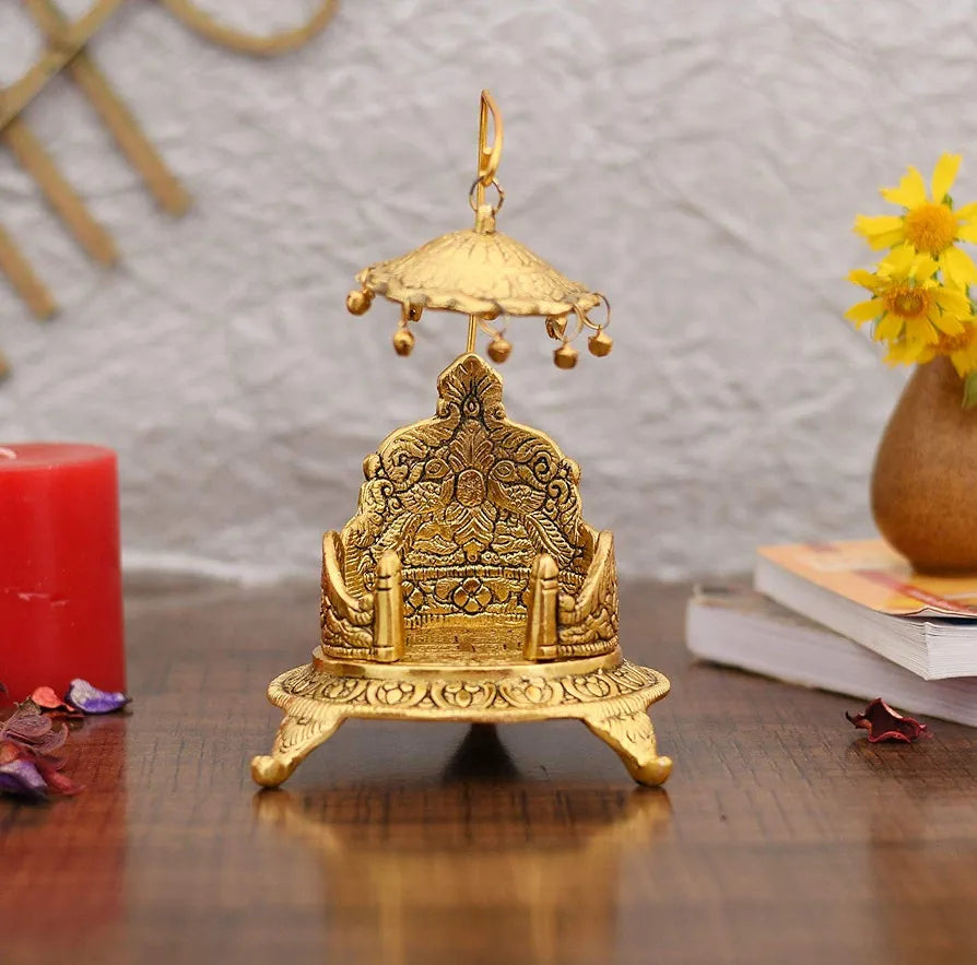 Metal Singhasan Oval Shaped for Ganesha Krishna God Idols - Gold Plated Ladoo Gopal Pooja Chowki