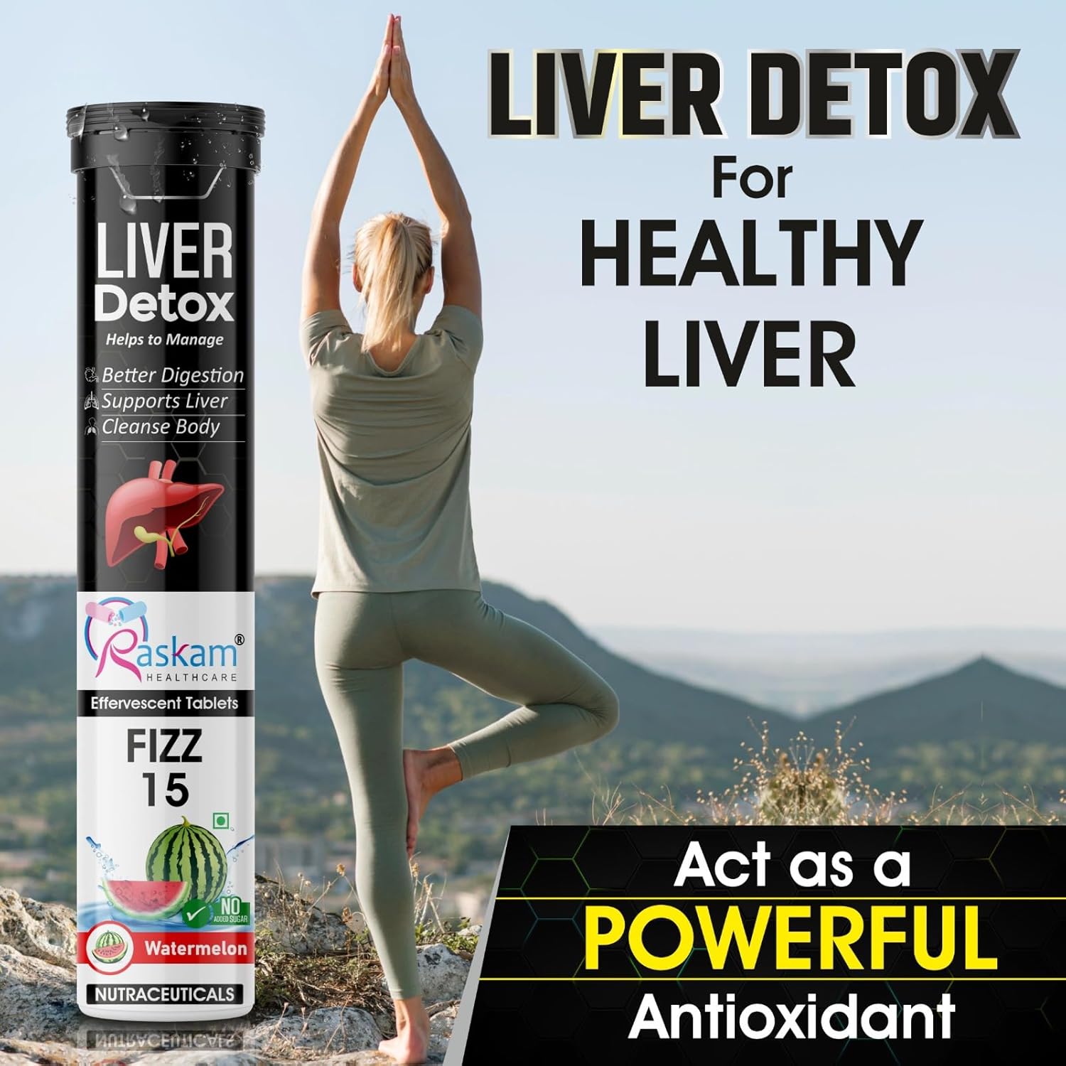 Liver Detox Effervescent â€“ Plant-Based Detox with 9 Ayurvedic Herbs | Sugar-Free | Refreshing Watermelon Flavor | Drop, Fizz, Sip | Fizz 15 Tablets Pack of 1