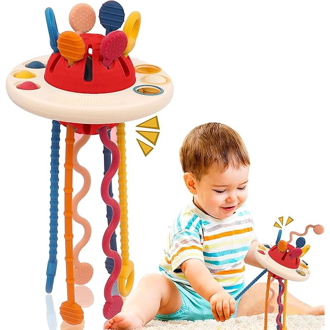 Kidology Montessori Teething Toy Set for Toddlers Food-Grade Pull String UFO Red