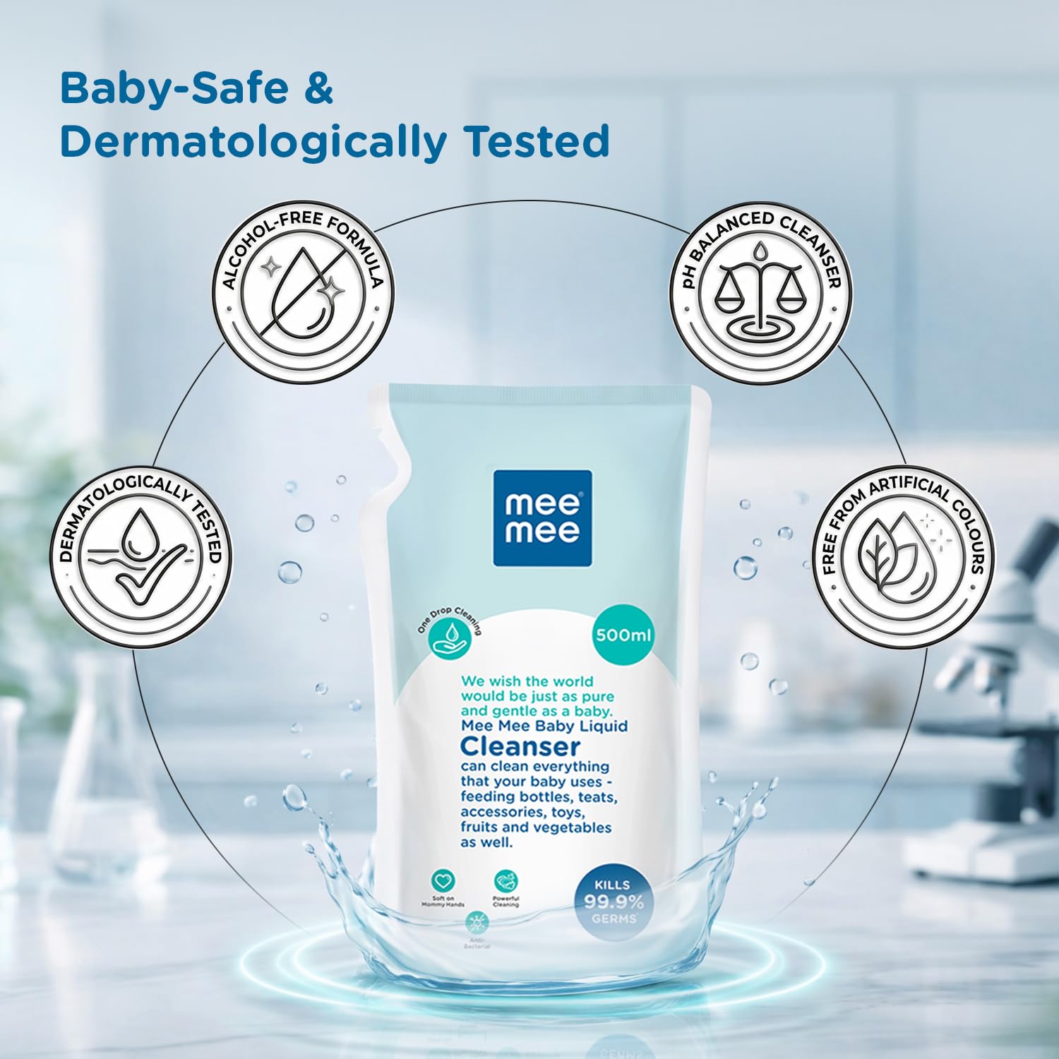 Mee Mee Liquid Cleanser 500 ml | Anti-Bacterial Formula Kills 99.9% Germs | For Bottles, Nipples, Accessories, Toys, Fruits & Vegetables | Alcohol-Free, One-Drop Cleaning, Dermatologically Tested
