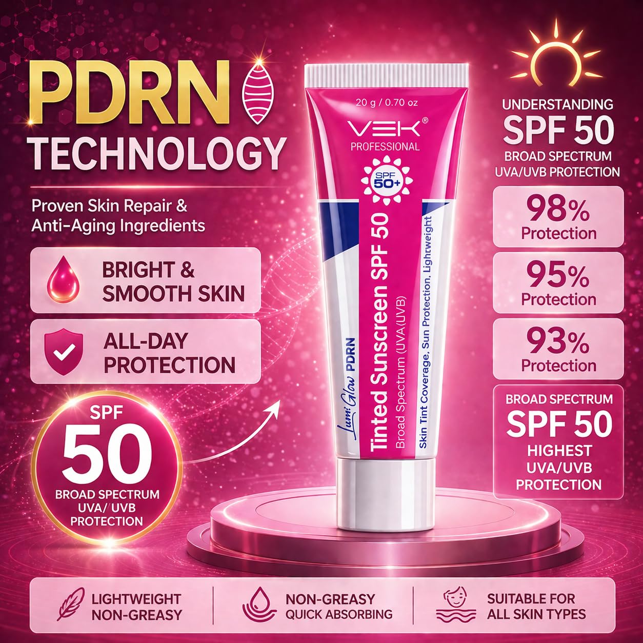 VSK Professionals PDRN Repair Tinted Sunscreen SPF 50+ | Broad Spectrum UVA/UVB Protection | Skin Repair Formula with Natural Tinted Coverage | Lightweight, Non-Greasy Daily Wear for Even, Glowing Skin Tone | 20g (Pack of 1)