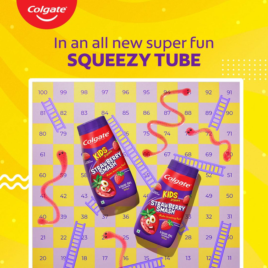 Colgate Kids Toothpaste in a Fun Squeezy Bottle, Strawberry Flavor Gel Tooth Paste, Easy-Grip & Makes Brushing Fun, Cavity Protection, Safe for Kids, Paraben/Gluten-Free, Vegan, Age 2-6yrs, 100ml