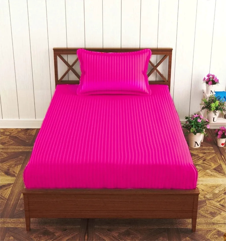 Trance Home Linen 100% Cotton 78x36 inch Single Fitted 200TC Satin Stripe Elastic Fitted Bedsheet with 1 Pillow Covers Colour Dark Pink