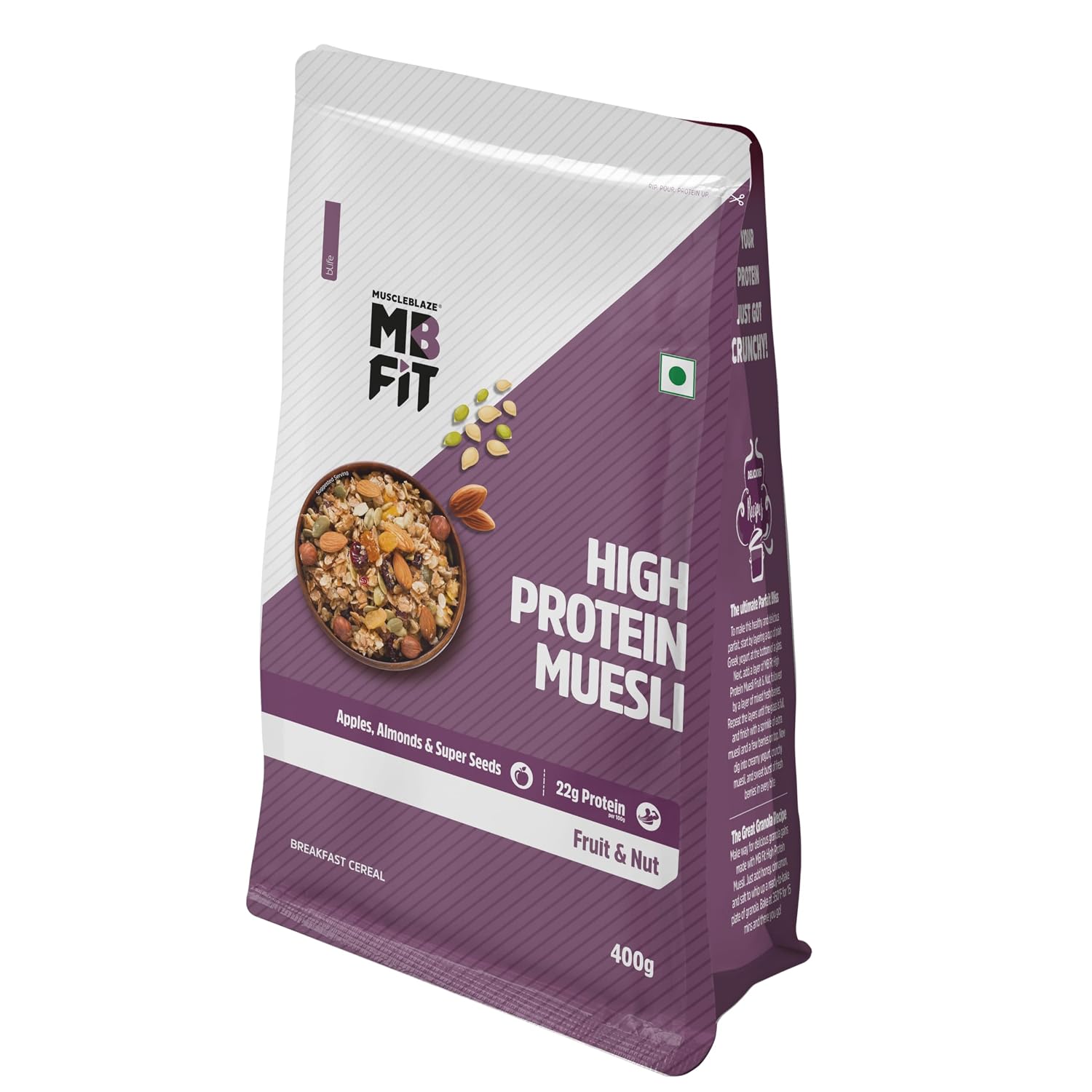 MuscleBlaze Fit High Protein Muesli, Fruit & Nut, 400g | 22g Protein | With Apple, Almonds & Super Seeds, High Protein Breakfast Cereals