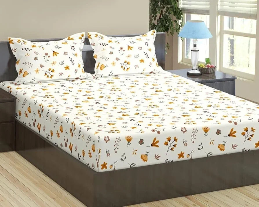 Trance Home Linen 180Tc 100% Cotton Elastic fitted printed Bedsheet with 2 Pillow Covers:78 x 72 inches / 198 x 182 cms / 6.5 x 6 feet Colour Soloce Yellow