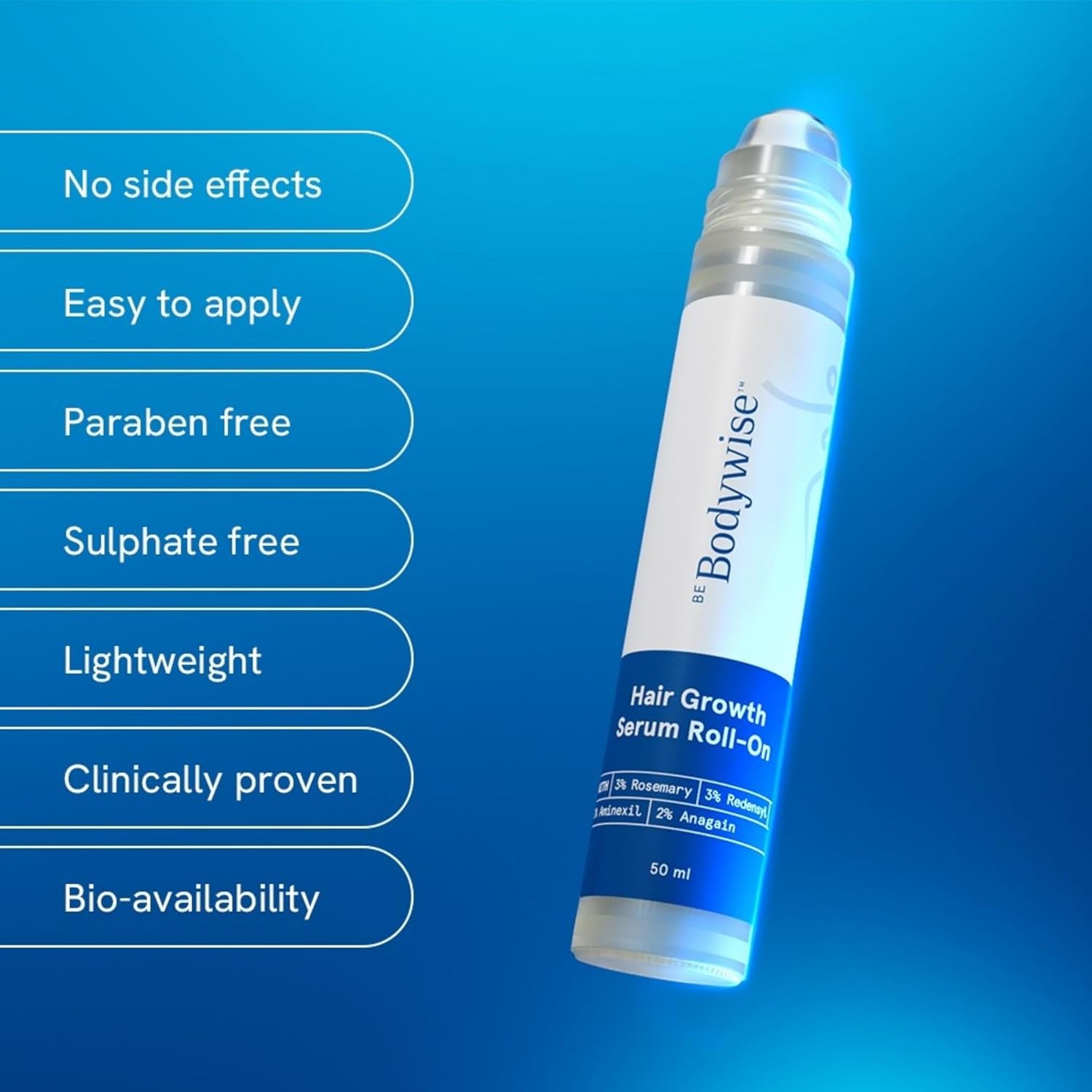 Be Bodywise Rosemary Hair Growth Serum (Roll On)|Promotes Hair Growth & Stimulates Hair Follicles |3% Rosemary, 3% Redensyl & 2% Anagain | Hair Fall Control Serum For Unisex |For All Hair Types | 50Ml