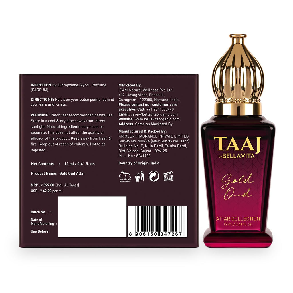 BELLAVITA TAAJ Gold Oud Unisex Long Lasting Attar for Man and Woman 12ml | Caramel, Rose, Jasmine and Orris | Non-Alcoholic Roll On | Ideal Gift for Men and Women