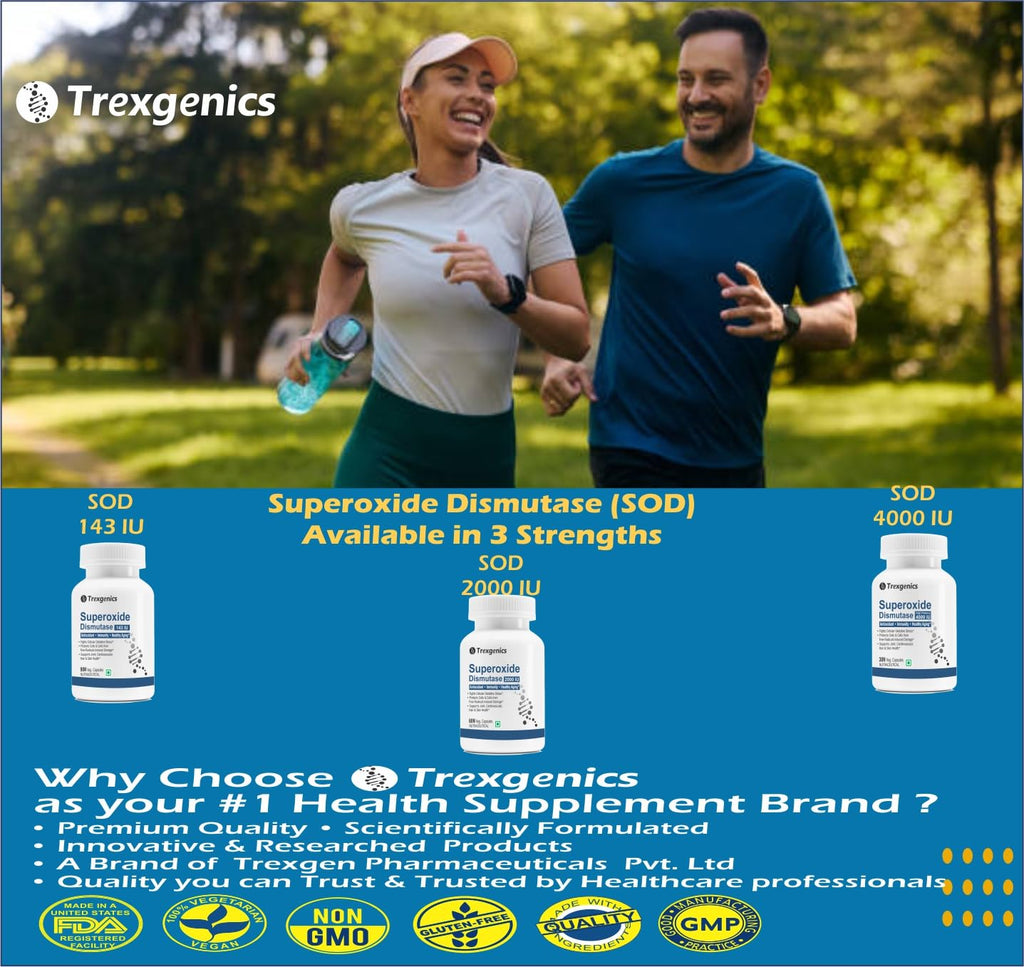 Trexgenics SUPEROXIDE DISMUTASE - SOD 143 IU Antioxidant, Immunity, Healthy Aging, Free radical scavenger (90 Veg Capsules)
