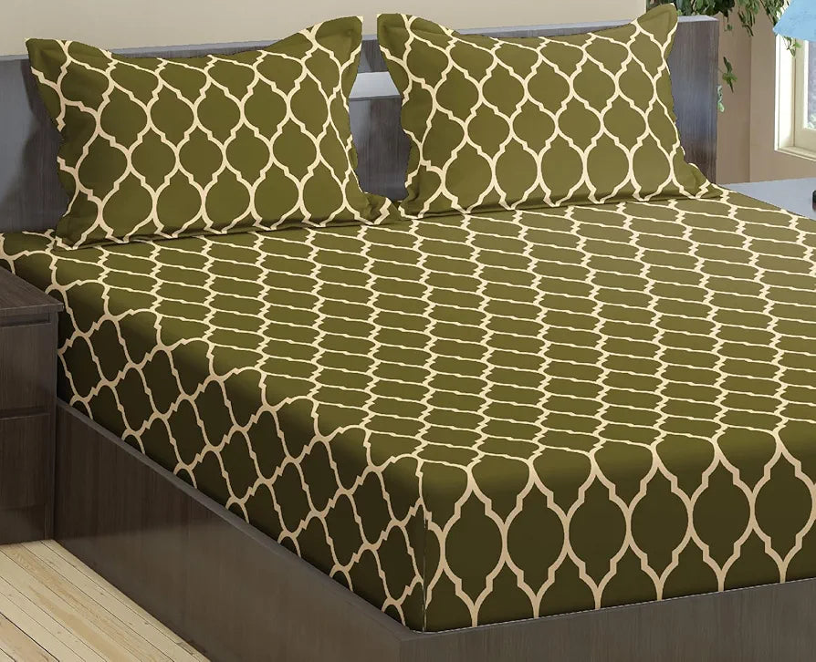 Trance Home Linen 200TC 100% Cotton 78"x60" Standard Queen Size Elastic Fitted Bedsheet Printed Queen Bed Size with 2 Pillow Covers Colour Dori Forest Green
