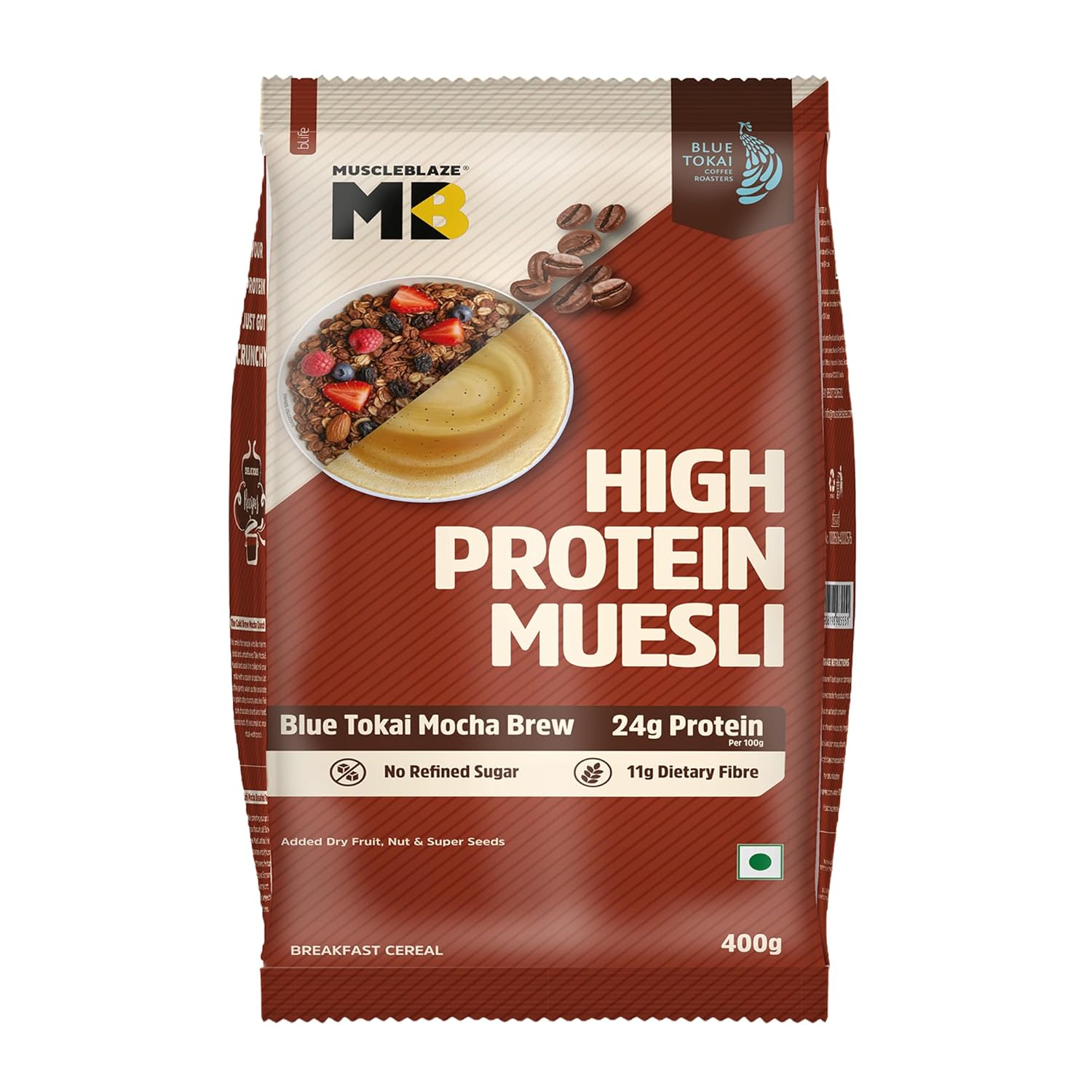 MuscleBlaze High Protein Muesli, Blue Tokai Mocha Brew| 24g Protein | With Raisins, Almonds & Super Seeds, High Protein Breakfast Cereals
